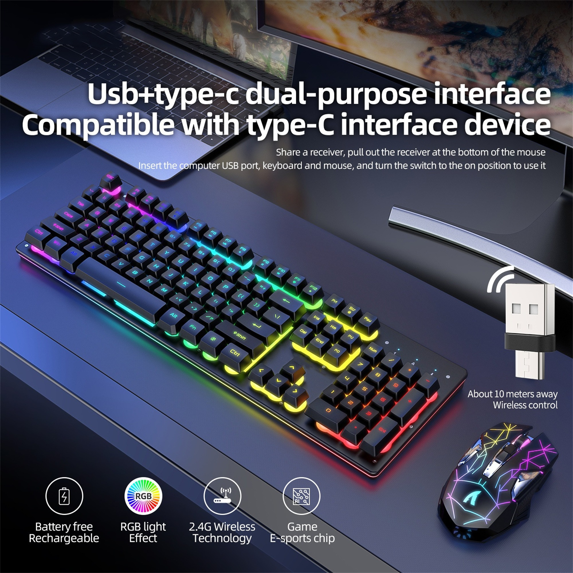 Schwarze Tastatur und Maus mit RGB-Beleuchtung. Enthält einen USB-Empfänger und kabellose Steuerung.