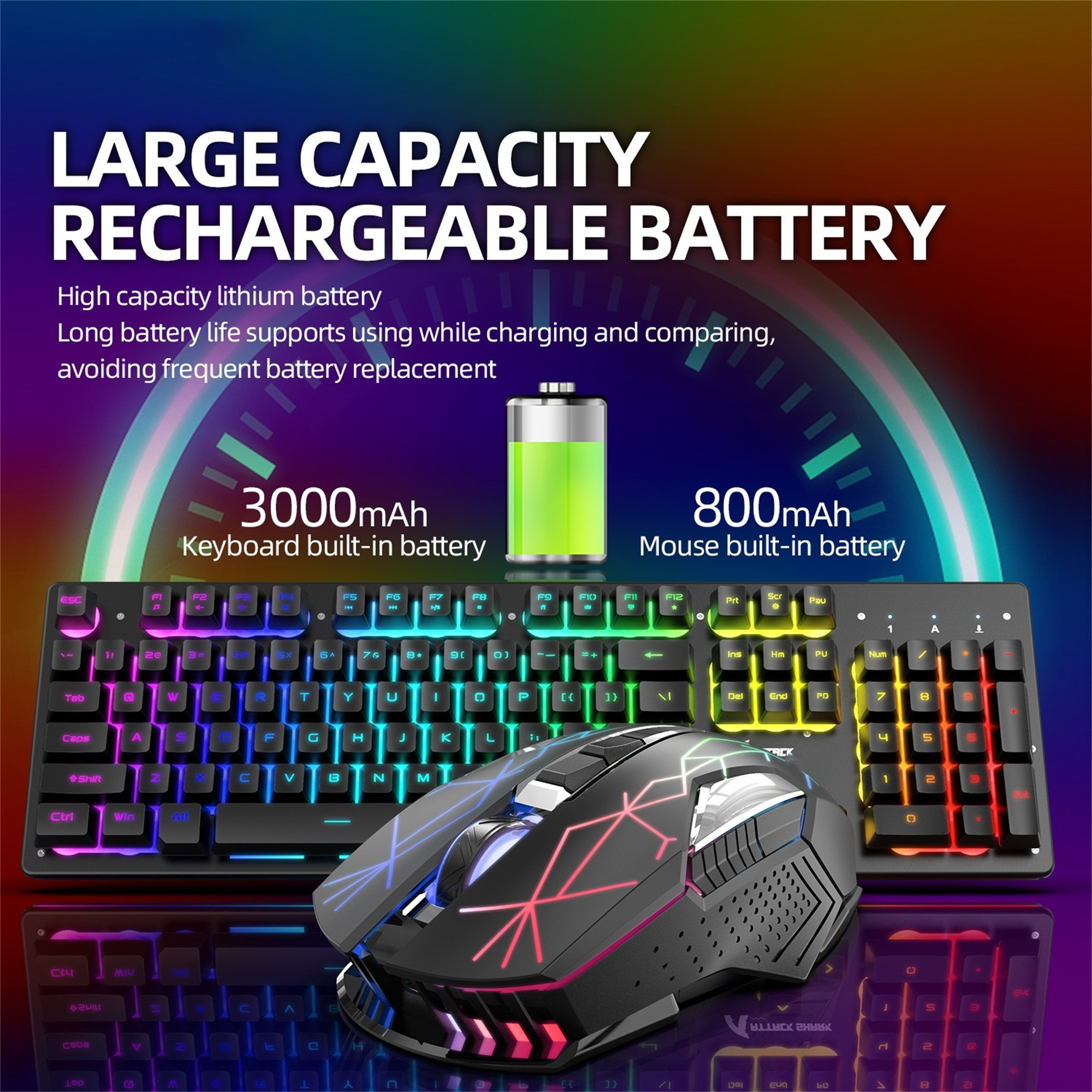Gaming-Tastatur und -Maus-Set mit bunten Lichtern, Betonung der Akkukapazität.