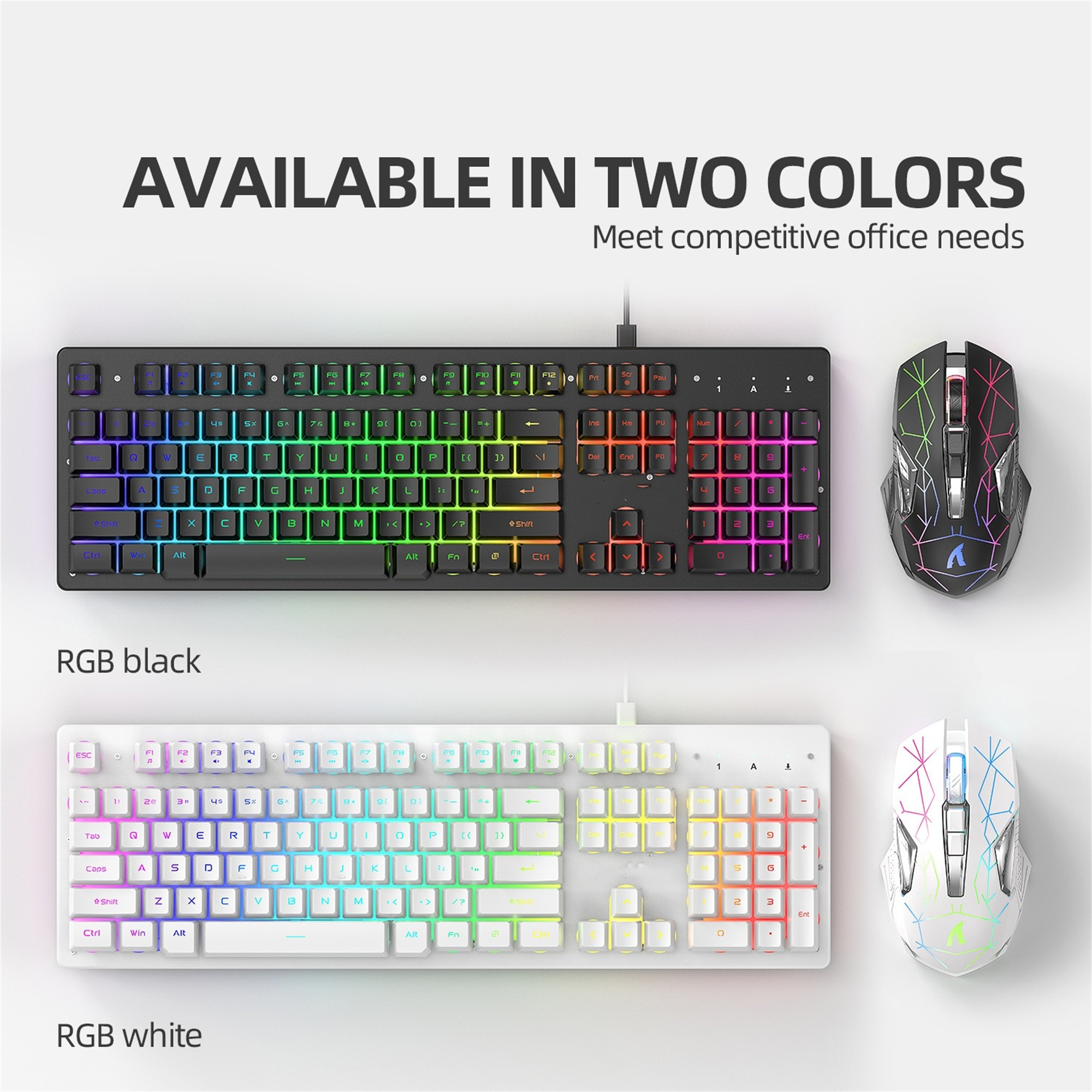 Tastaturen und Mäuse, mit schwarzen und weißen Optionen, RGB-Beleuchtung, für den Bürogebrauch.