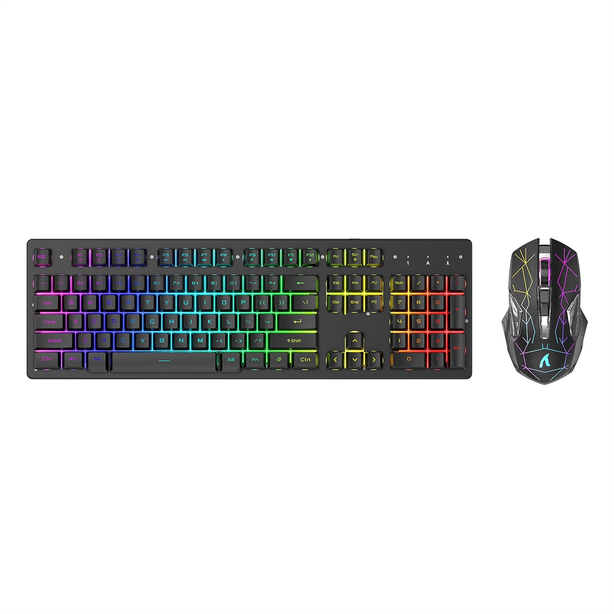 Eine schwarze Tastatur und Maus mit regenbogenfarbenen Tasten und Mausbeleuchtung.