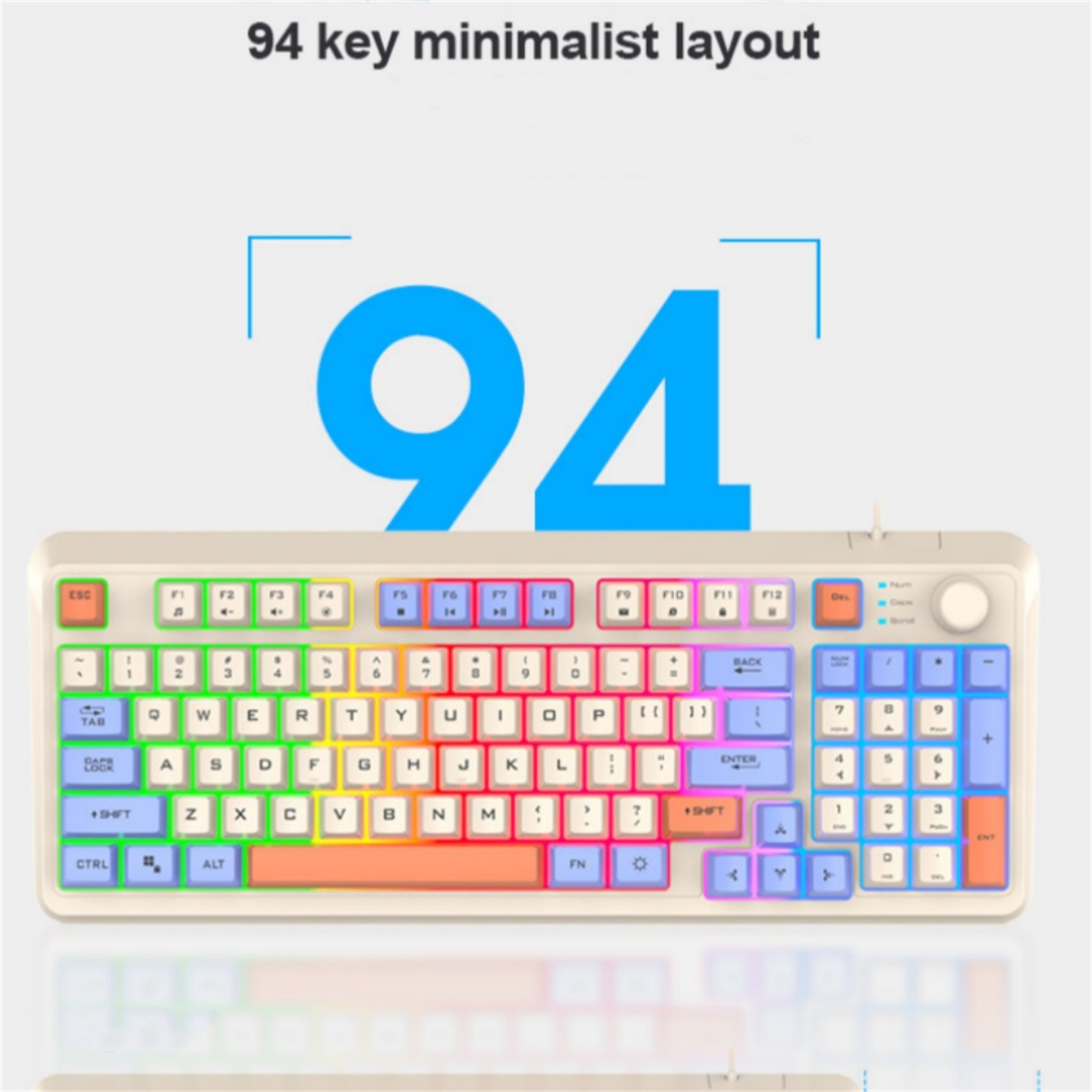 Eine Tastatur mit mehrfarbigen Tasten. Das Bild hat einen Text-Overlay mit '94 Key minimalist'.