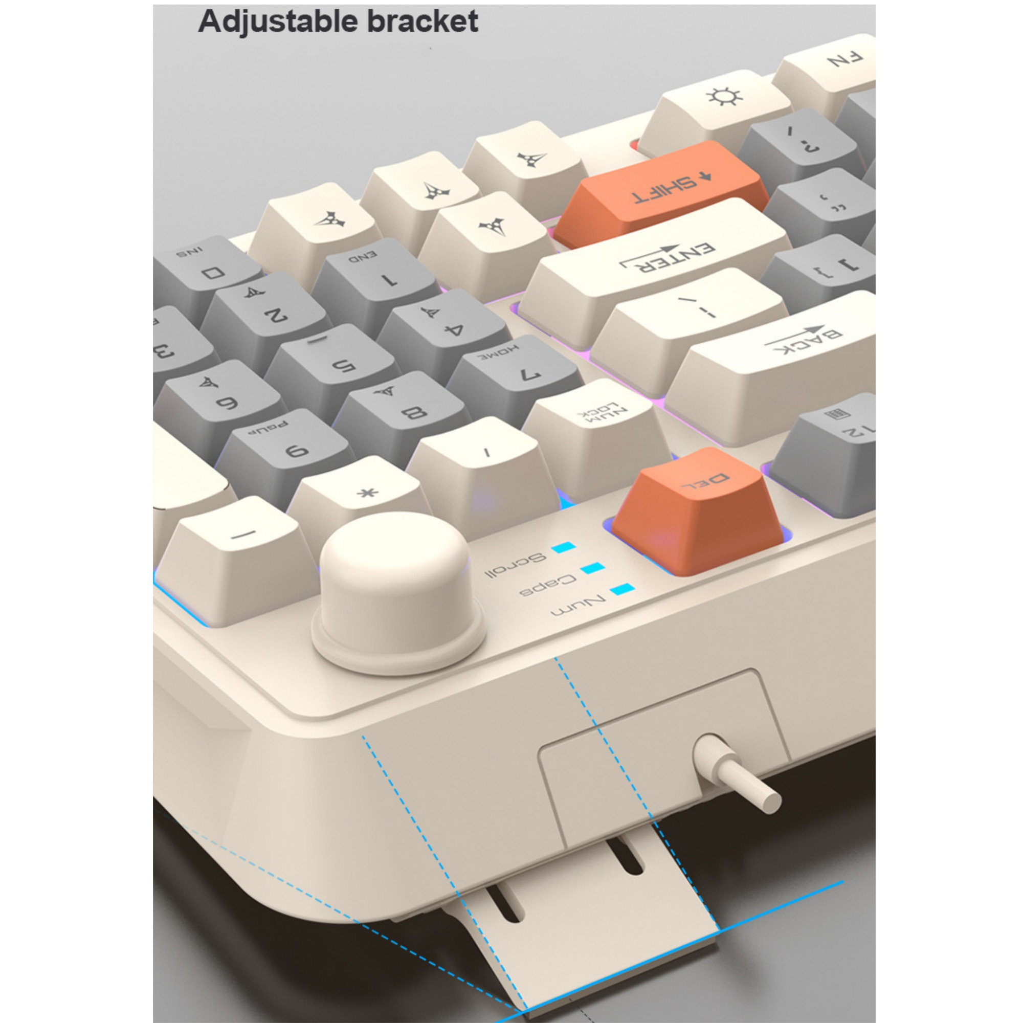 Eine weiße Tastatur mit einem Drehregler und einer verstellbaren Halterung.