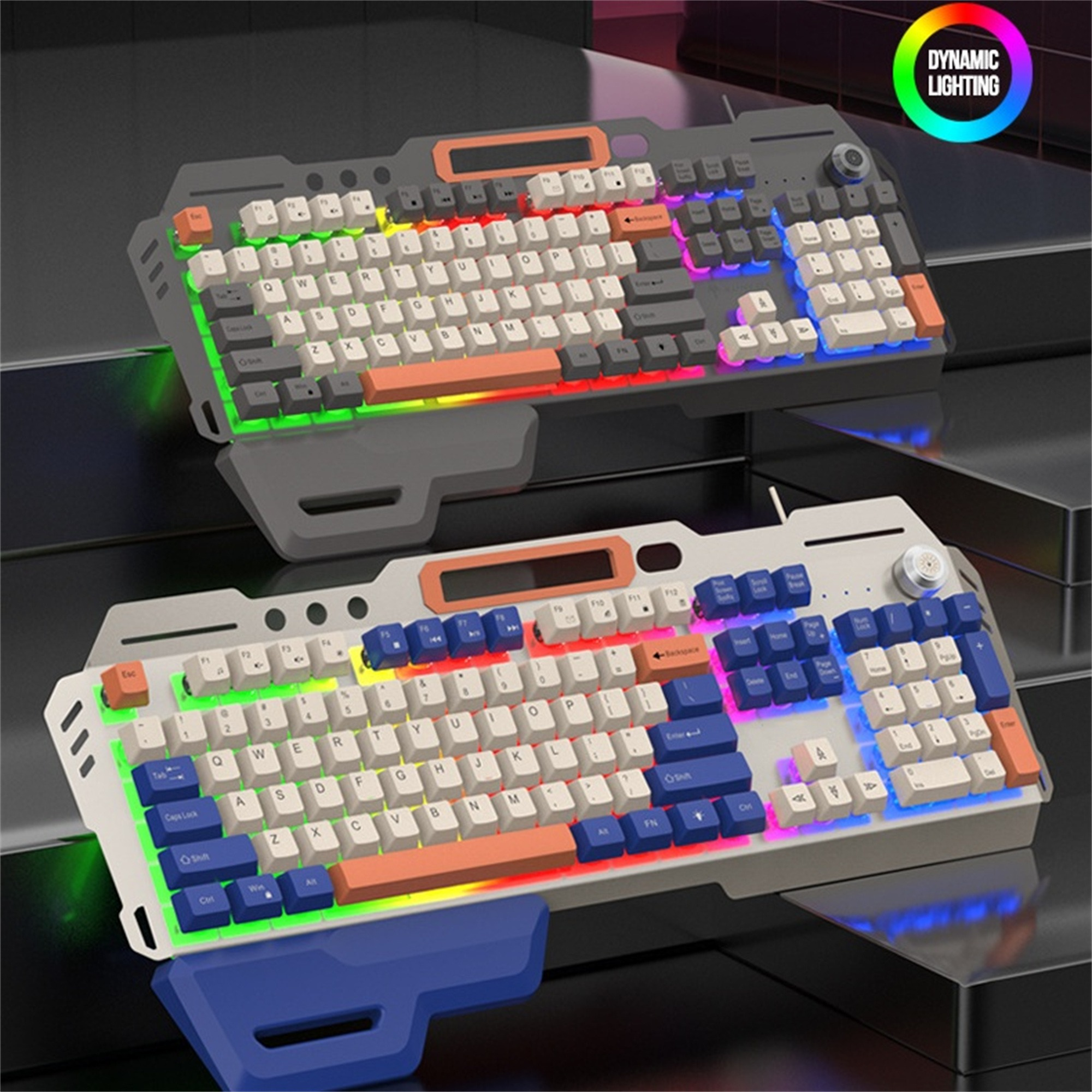 Zwei Gaming-Tastaturen. Sie haben eine farbenfrohe Hintergrundbeleuchtung und zusätzliche Funktionen wie Handballenauflagen.