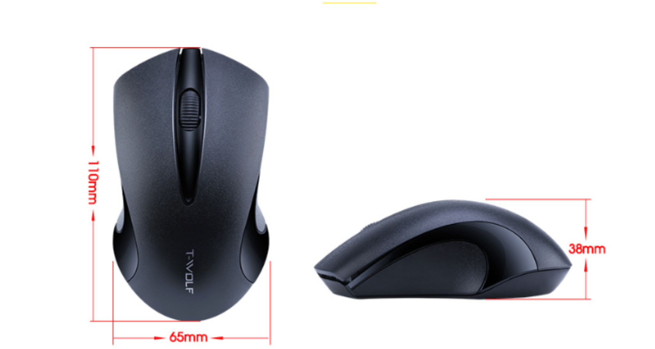 Schwarze kabellose Maus mit angegebenen Abmessungen: 110mm x 65mm x 38mm.