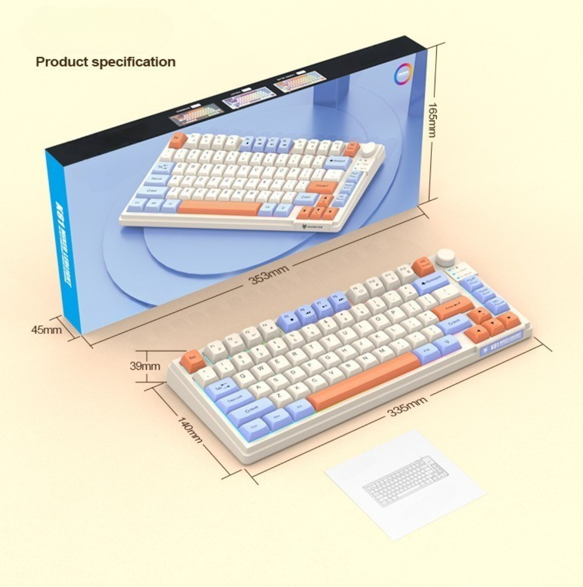 Eine Tastatur in einer Schachtel mit Abmessungen und eine Tastatur außerhalb der Schachtel. Die Tasten sind bunt.