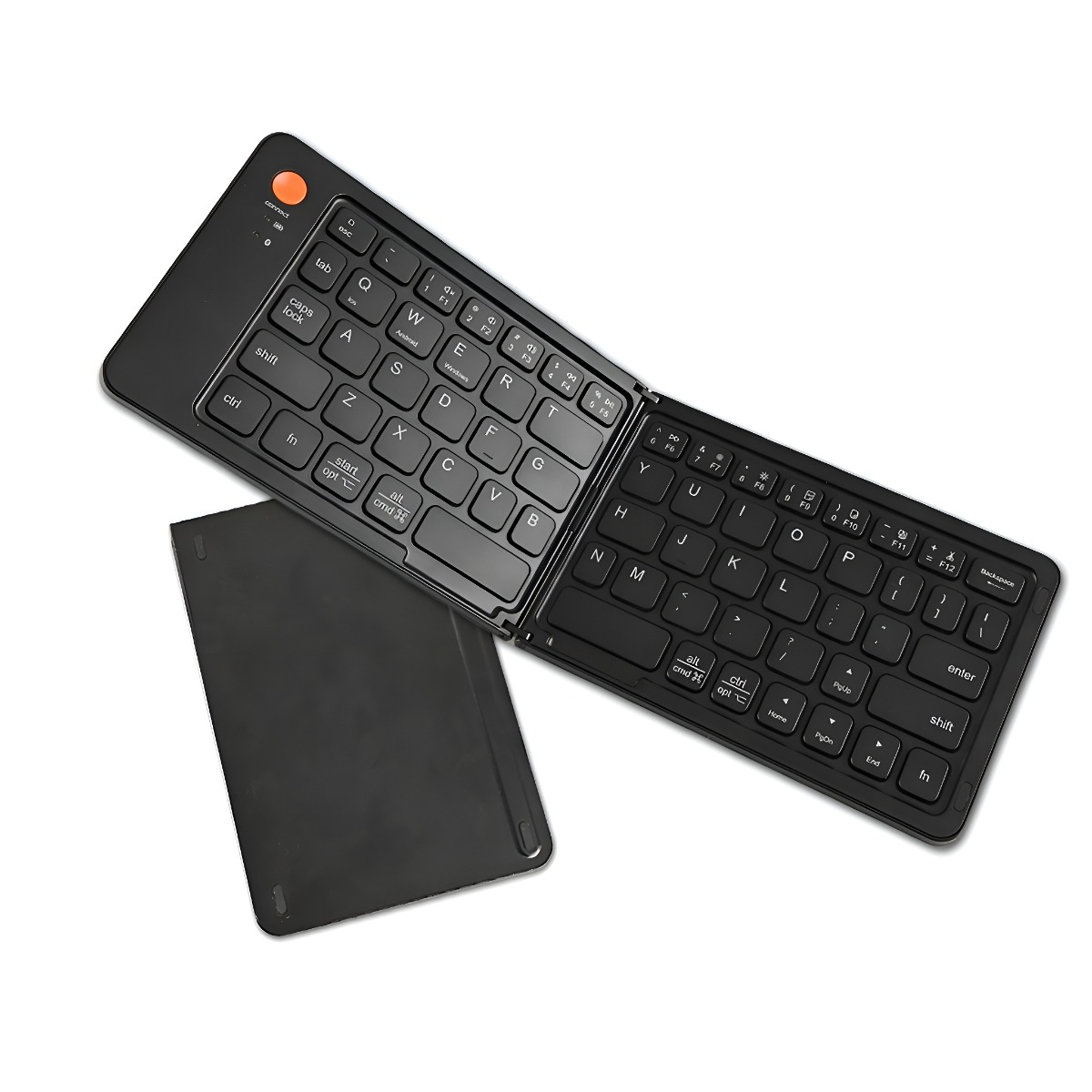 Eine schwarze, faltbare Tastatur mit orangefarbenem Ein-/Ausschalter und schwarzer Abdeckung, auf Weiß.