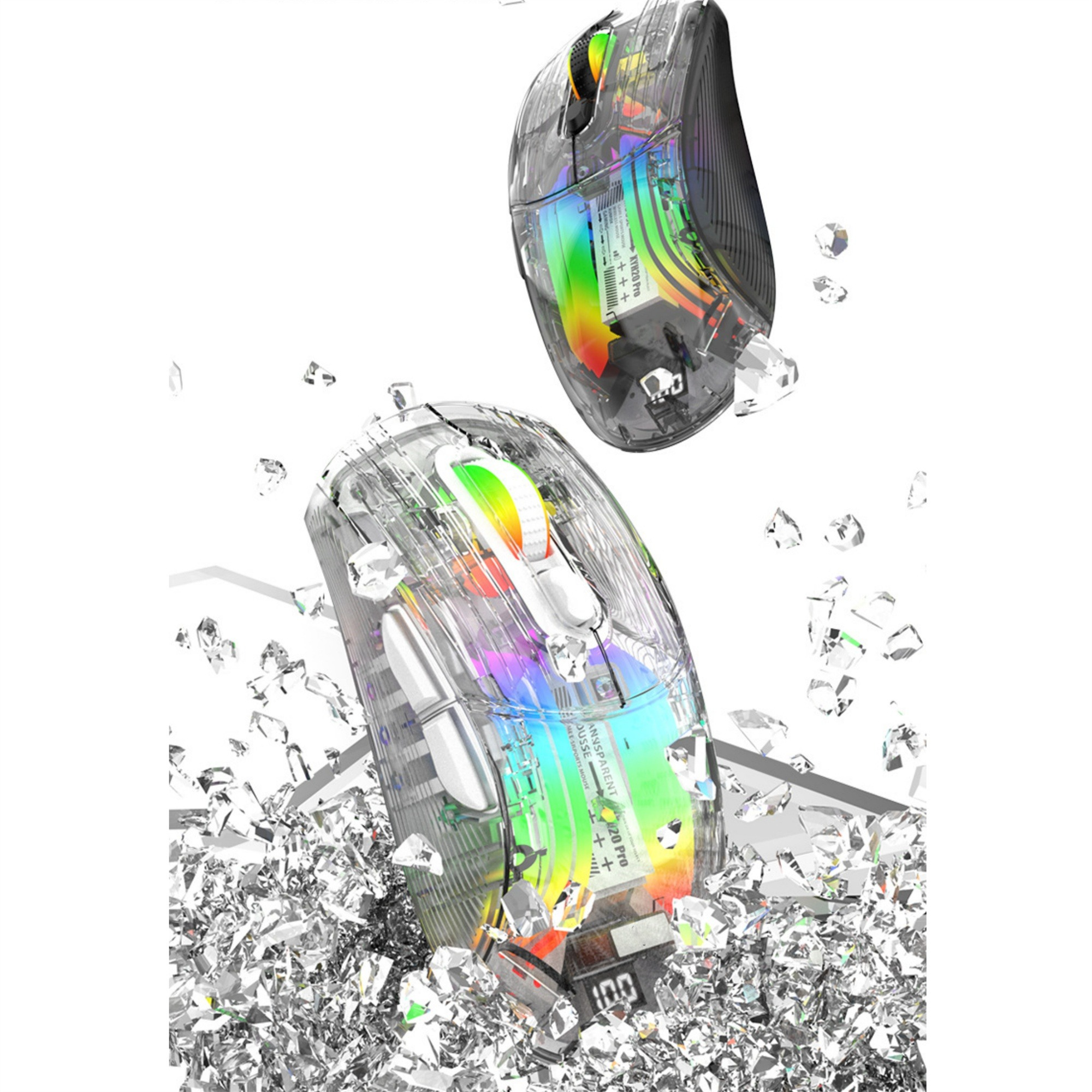 Zwei transparente Computermäuse schweben mit zersplittertem Glas um sie herum.