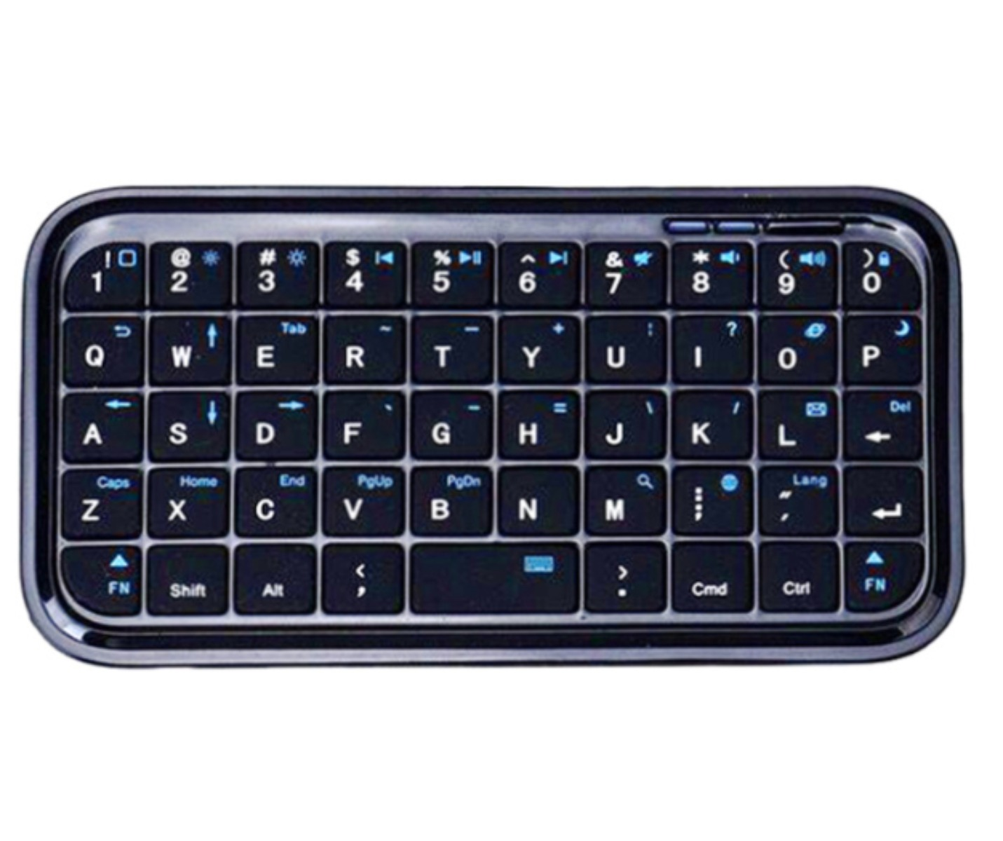 Kleine schwarze Tastatur mit vielen Tasten, Zahlen und Symbolen auf schwarzem Untergrund.