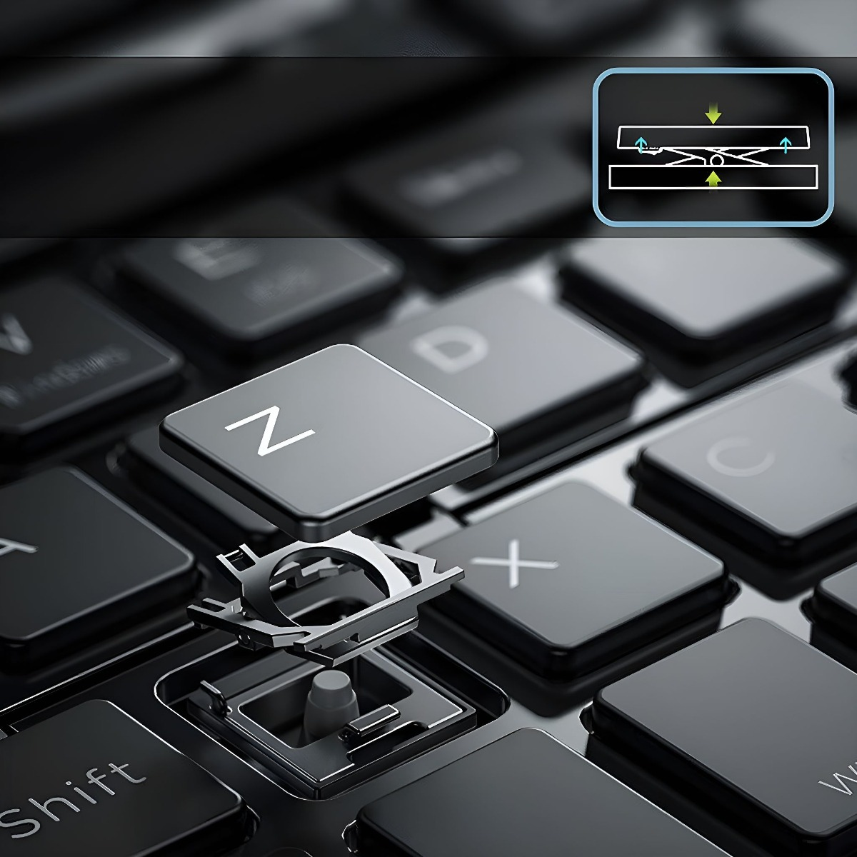Nahaufnahme einer Tastaturtaste, die entfernt wird und das Innenleben zeigt. Weißer Hintergrund.