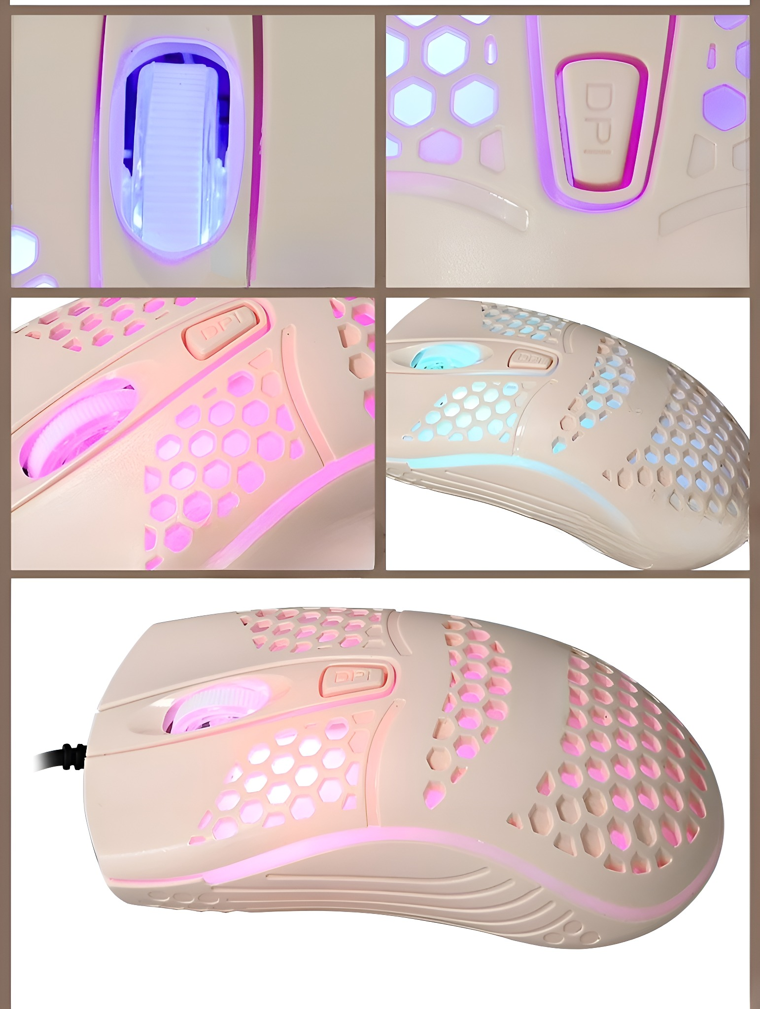 Nahaufnahmen einer Gaming-Maus mit rosa und blauem Farbschema. Die Maus ist beleuchtet.