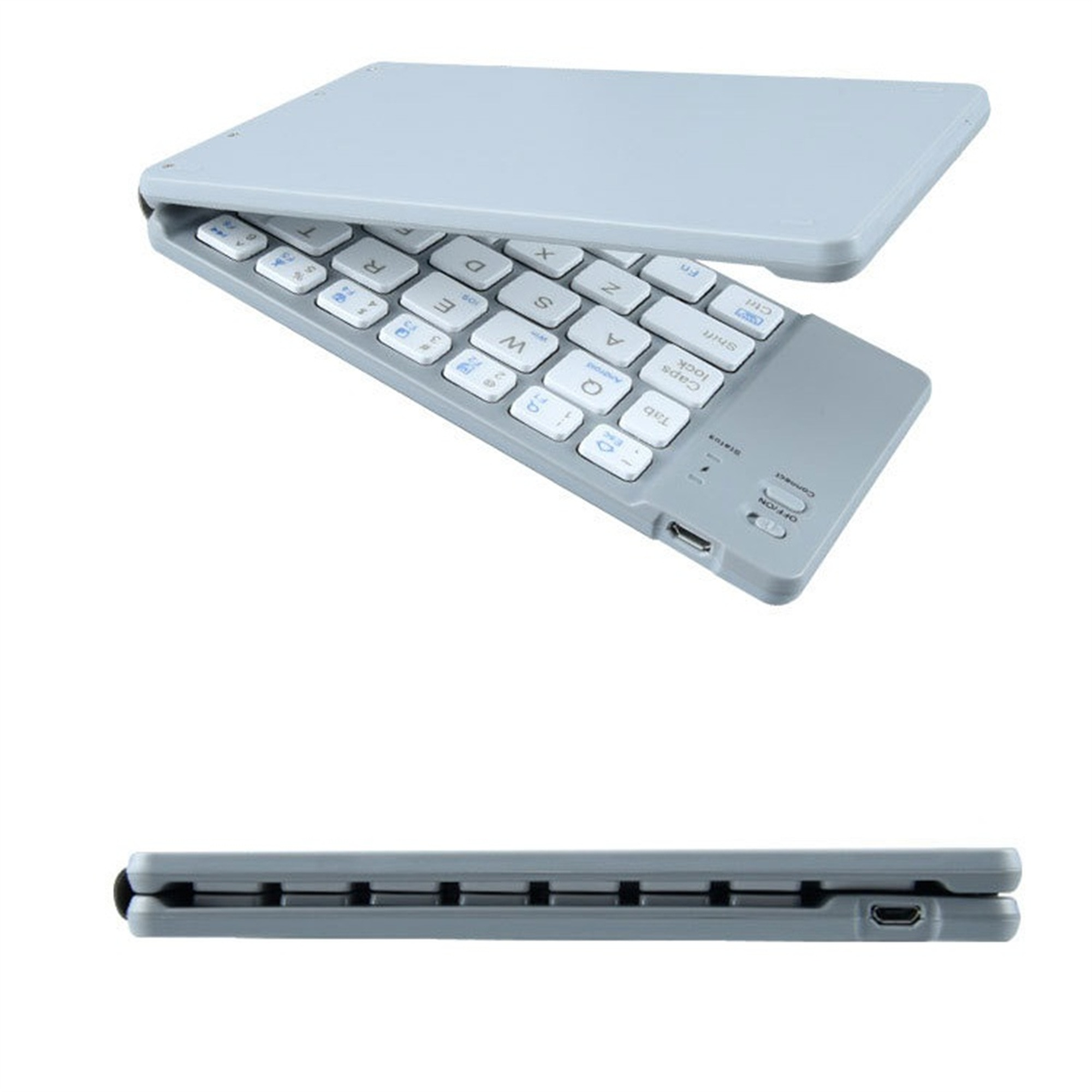 Faltbare graue Tastatur mit weißen Tasten. Draufsicht und Seitenansicht.