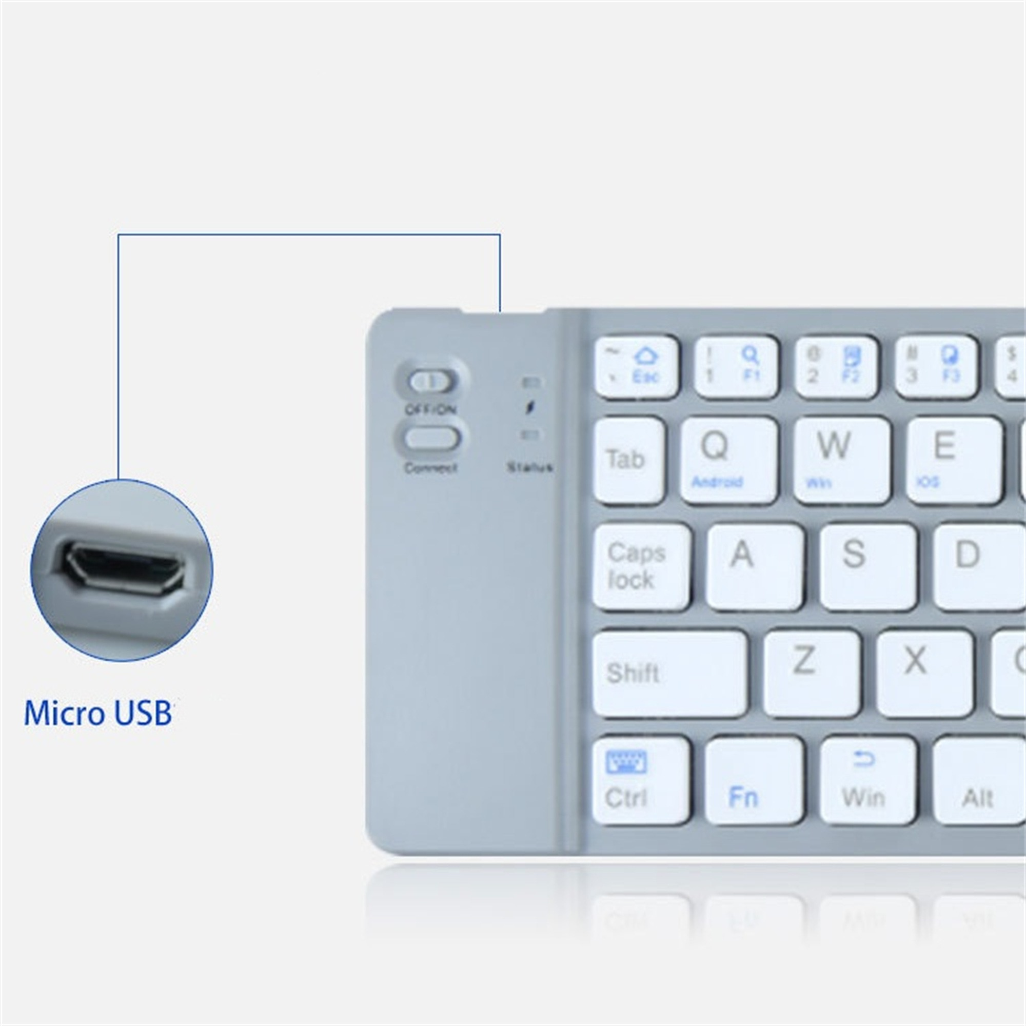 Eine graue Tastatur mit hervorgehobenem Micro-USB-Anschluss. Die Tastatur hat weiße Tasten und einige Funktionstasten.