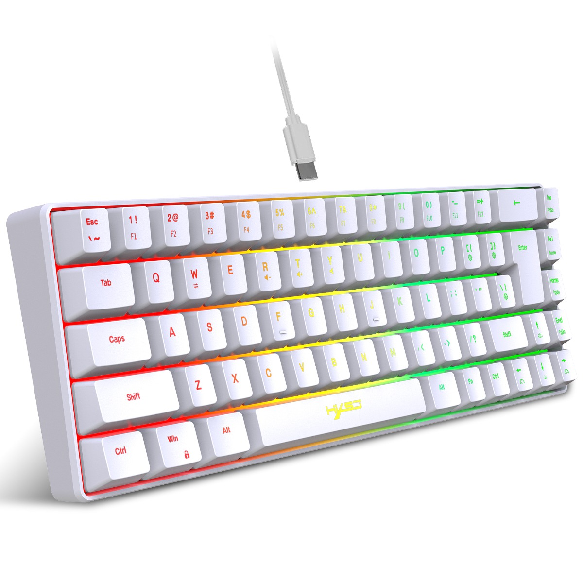 Weiße mechanische Tastatur mit Regenbogen-LED-Leuchten. USB-C-Kabel angeschlossen. Tasten sind weiß.