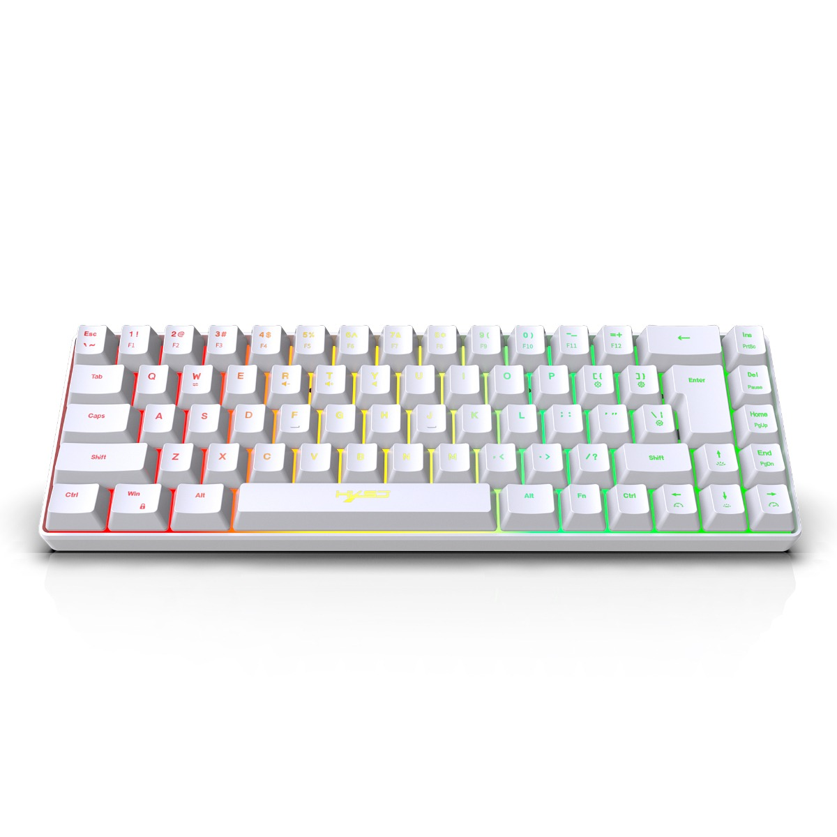 Eine weiße Tastatur mit bunten Tasten, ein schwarz-weißes Logo ist mittig auf der Tastatur angeordnet.