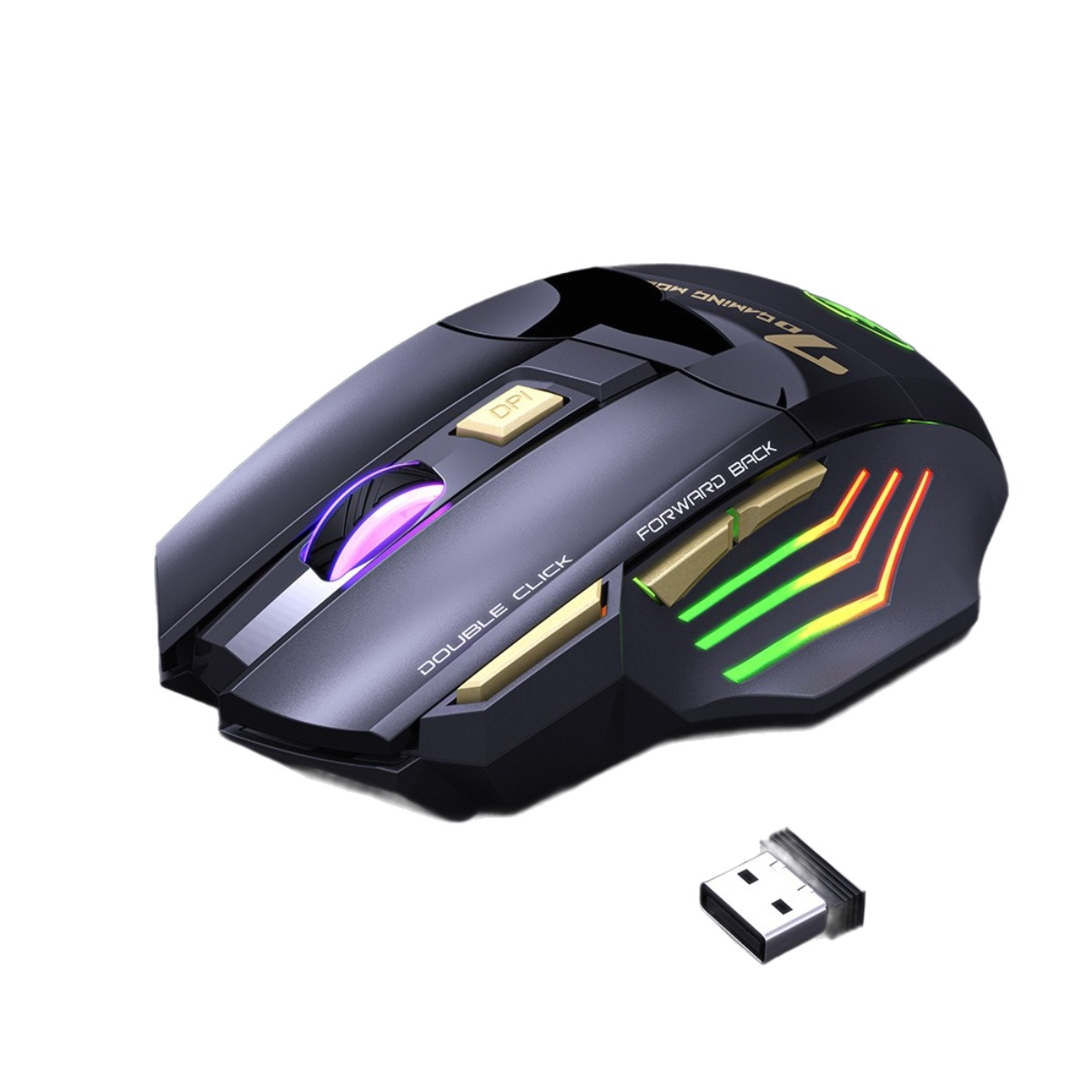 Schwarze Gaming-Maus mit bunten Lichtern und USB-Empfänger.
