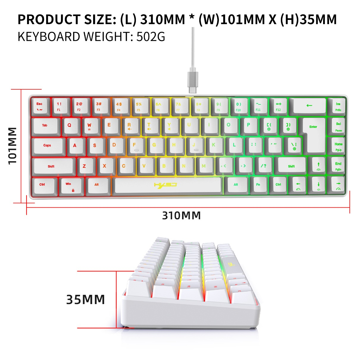 Eine weiße Tastatur mit bunten Tasten. Abmessungen und Gewicht werden oben im Bild angezeigt.