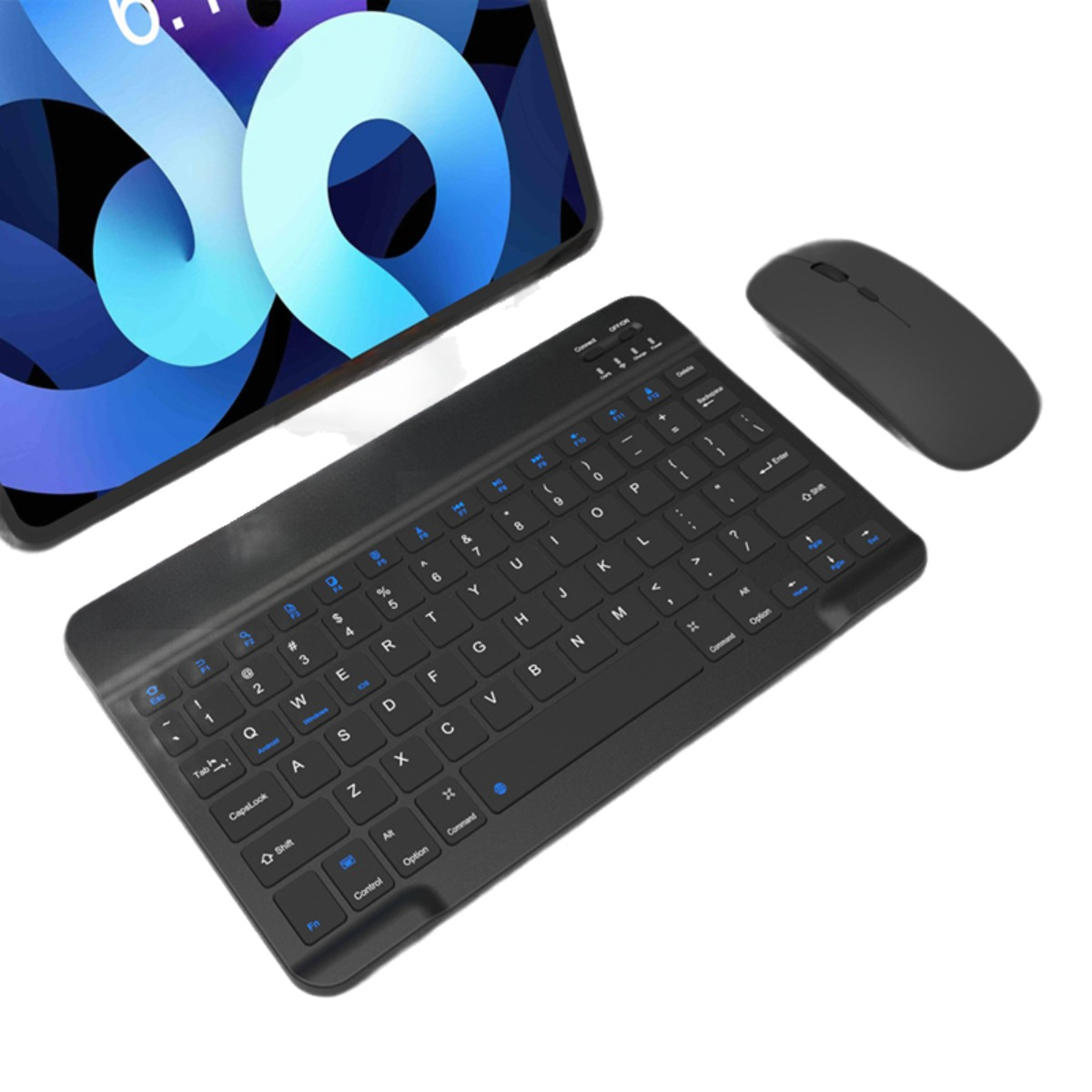 Ein schwarzes Tastatur- und Mausset mit einem Tablet im Hintergrund. Weißer Hintergrund.