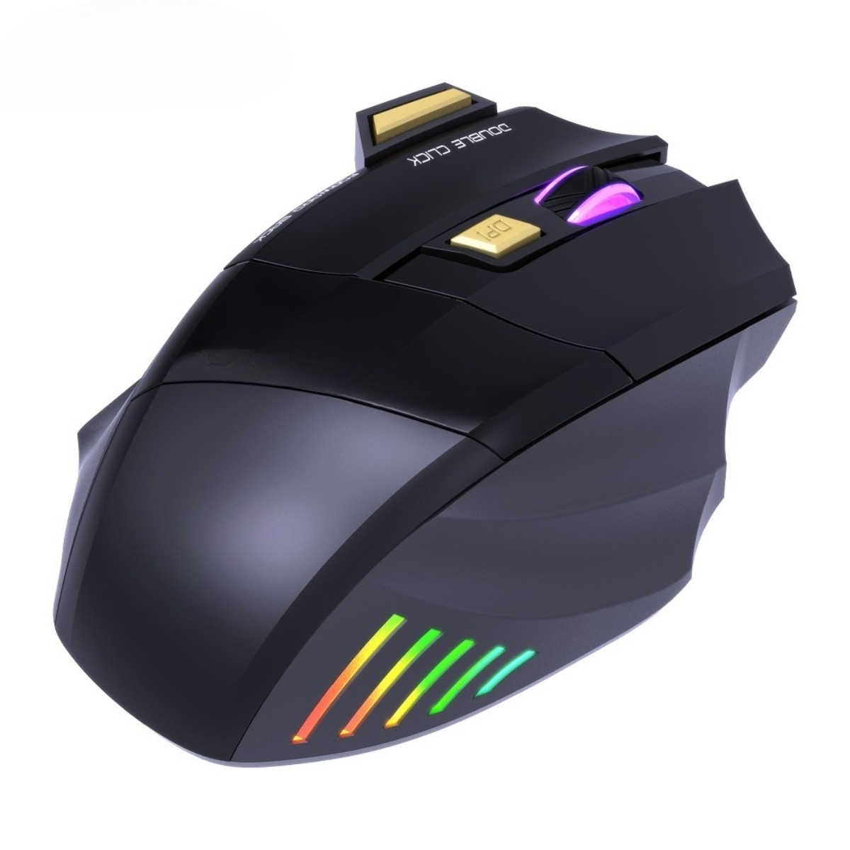 Schwarze Gaming-Maus mit mehreren Tasten, LED-Leuchten an der Seite und goldfarbenen Akzenten.