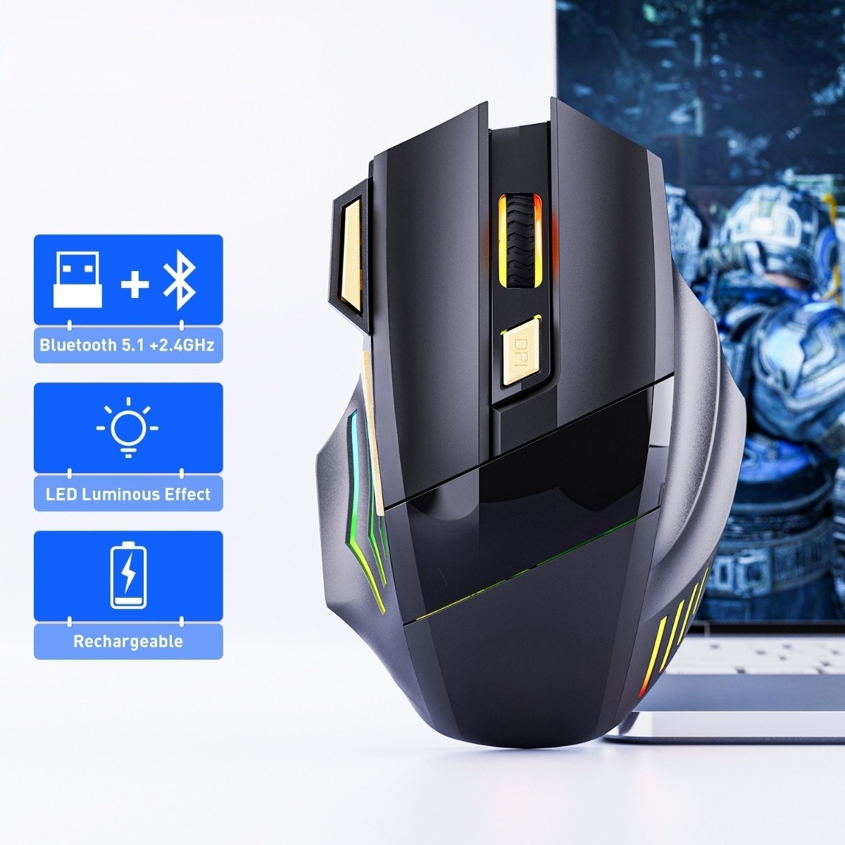 Eine schwarze Gaming-Maus mit bunten Lichtern. Sie hat ein USB- und Bluetooth-Symbol.