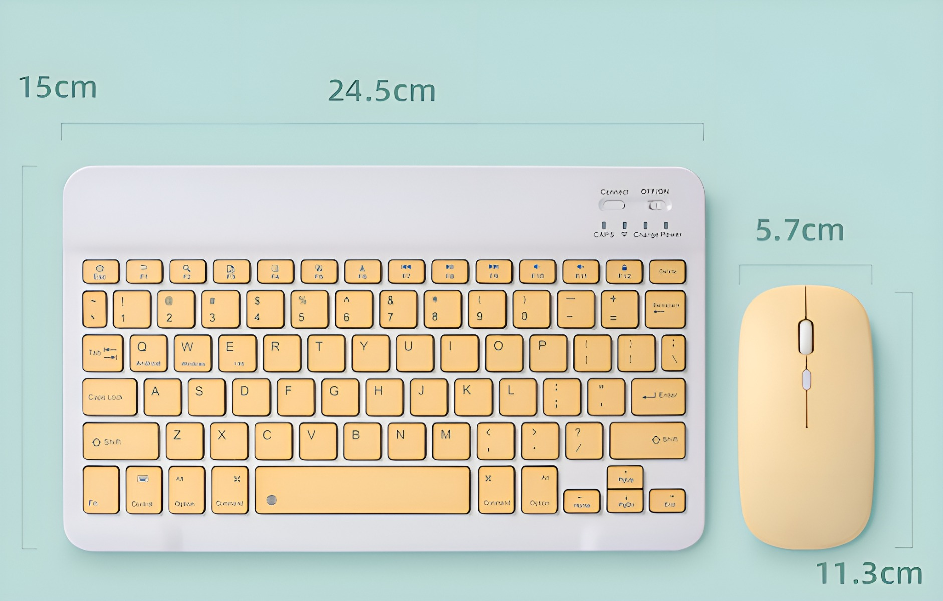 Weißes Tastatur- und Maus-Set. Die Tastaturtasten sind gelb mit schwarzen Buchstaben.