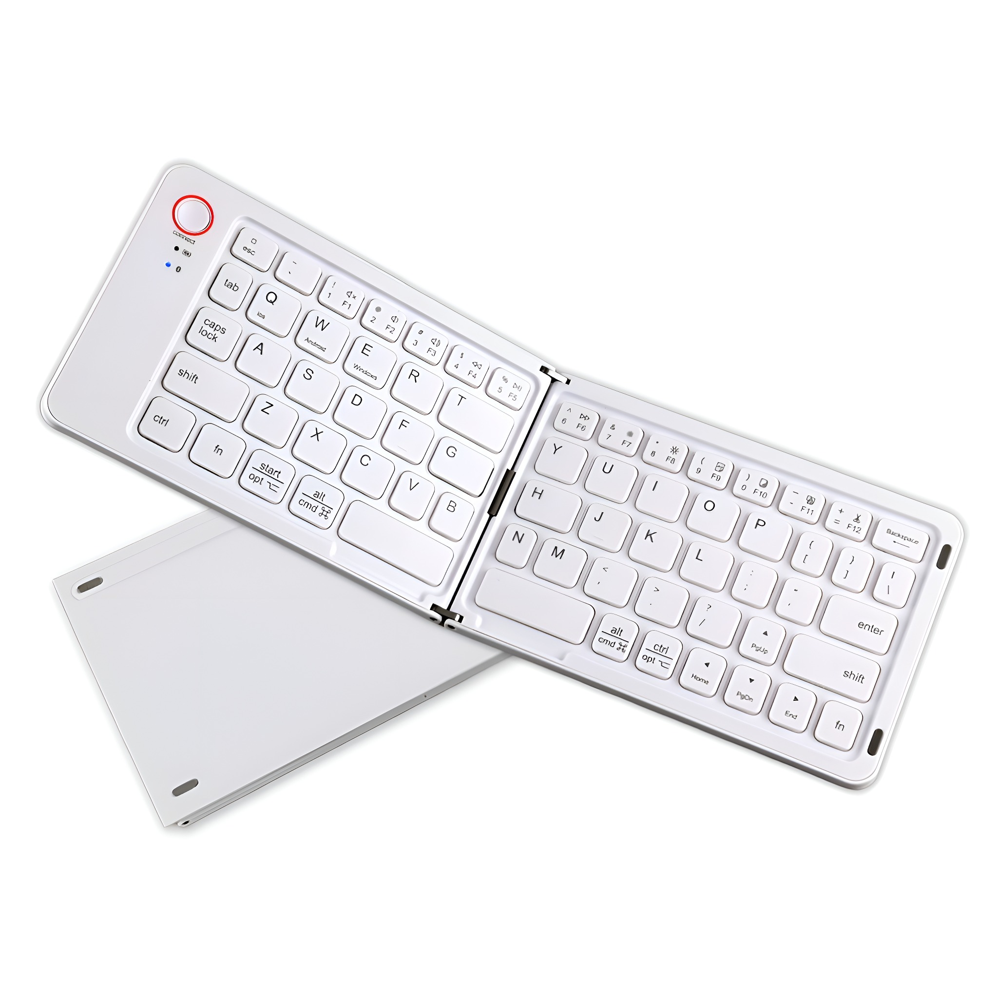 Faltbare weiße Tastatur, geöffnet, mit sichtbaren Tasten. Eine weitere Platte darunter.