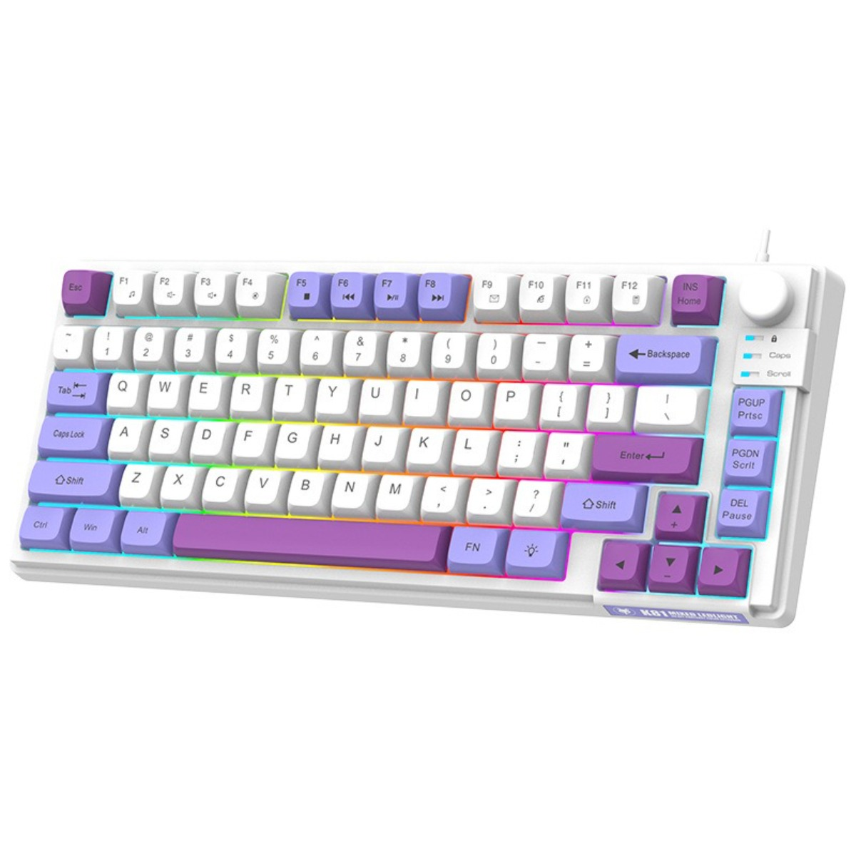 Weiße mechanische Tastatur mit lila und weißen Tasten. Einige Tasten sind mit Sonderfunktionen beschriftet.