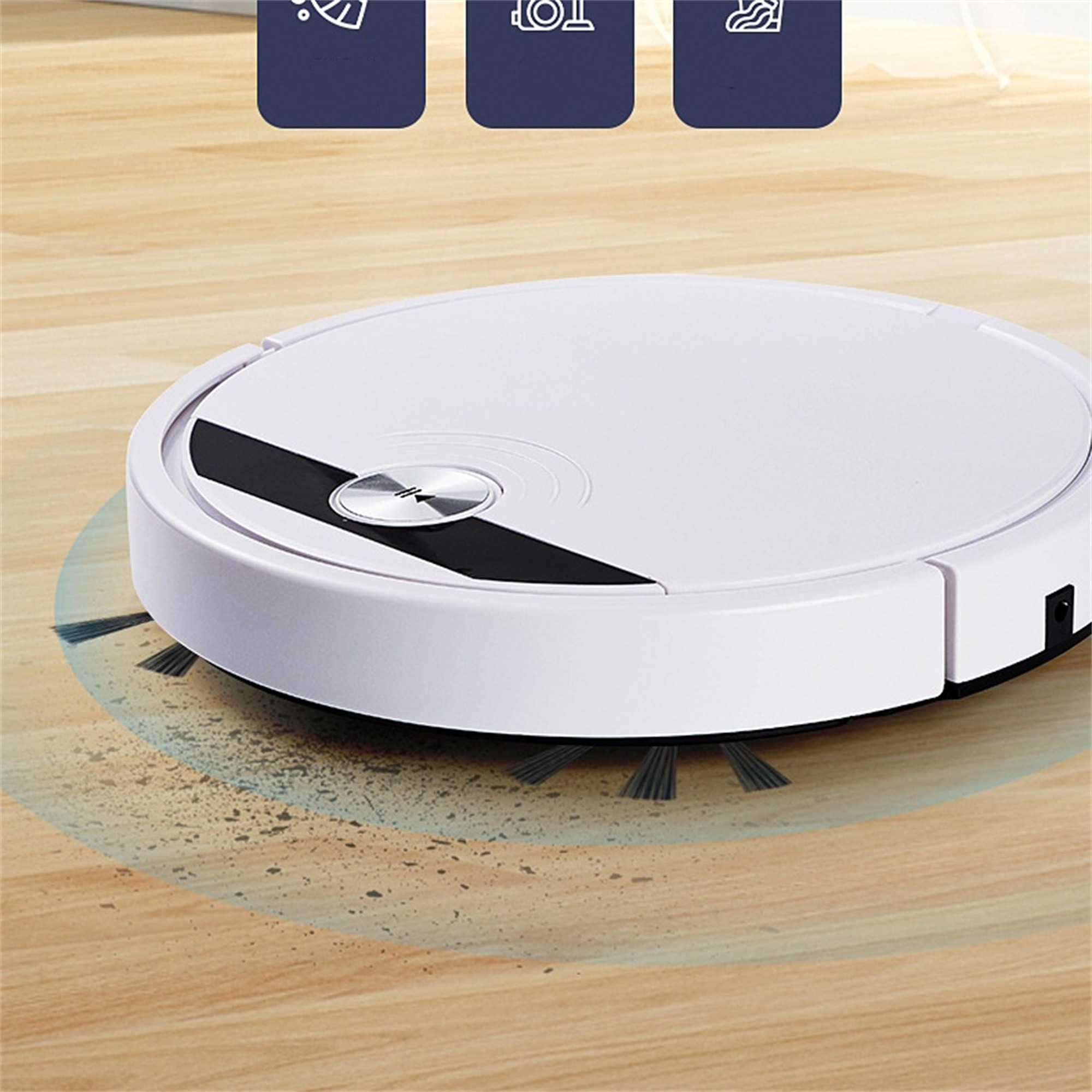 Weißer Roboter-Staubsauger. Reinigt den Boden. Drei Symbole darüber, Holzboden.