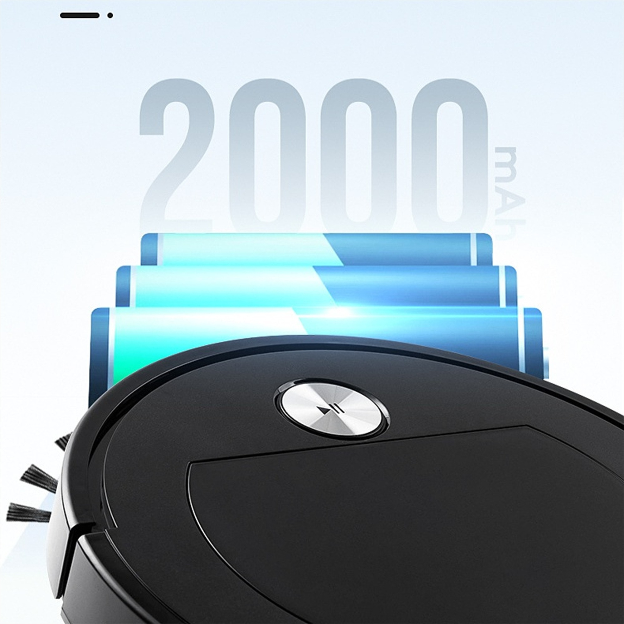 Schwarzer Roboter-Staubsauger mit Bürste. Der Hintergrund zeigt Batteriebalken und Text.