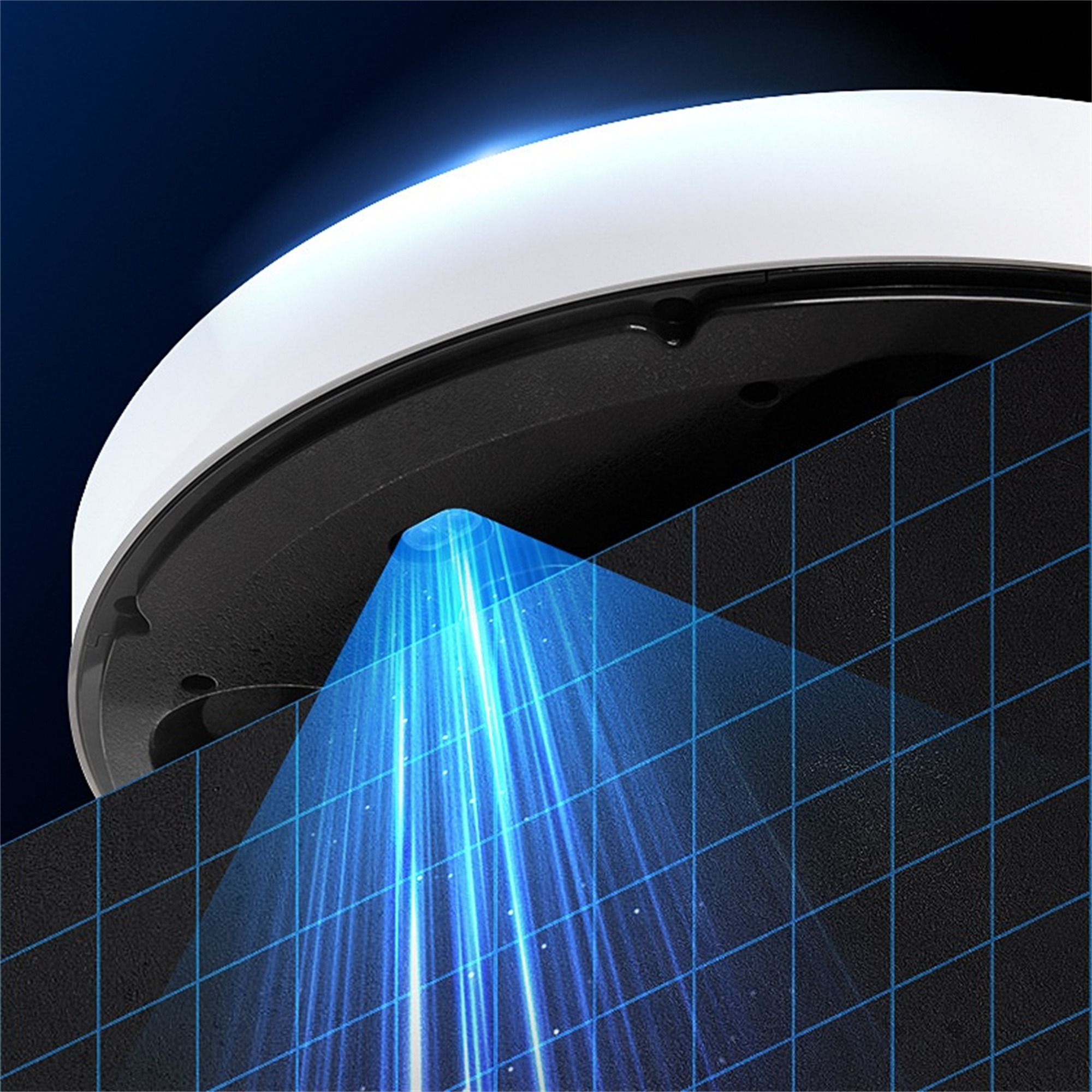 Eine Lichtquelle, die blaue Strahlen von unten aussendet. Die Strahlen werden auf eine rasterartige Oberfläche projiziert.