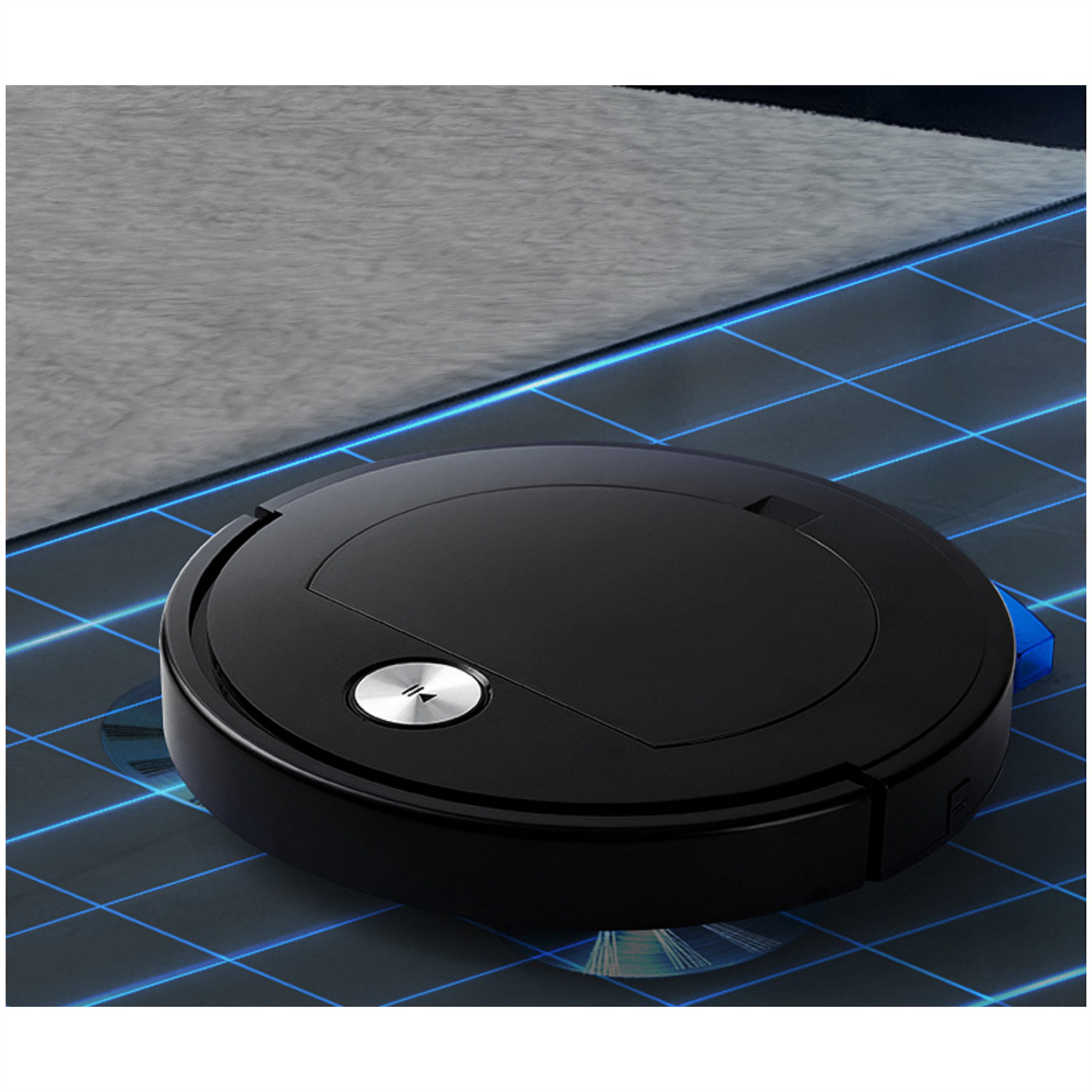 Ein schwarzer Roboter-Staubsauger auf einem Gitterboden. Der Reiniger ist rund und hat einen silbernen Knopf oben.
