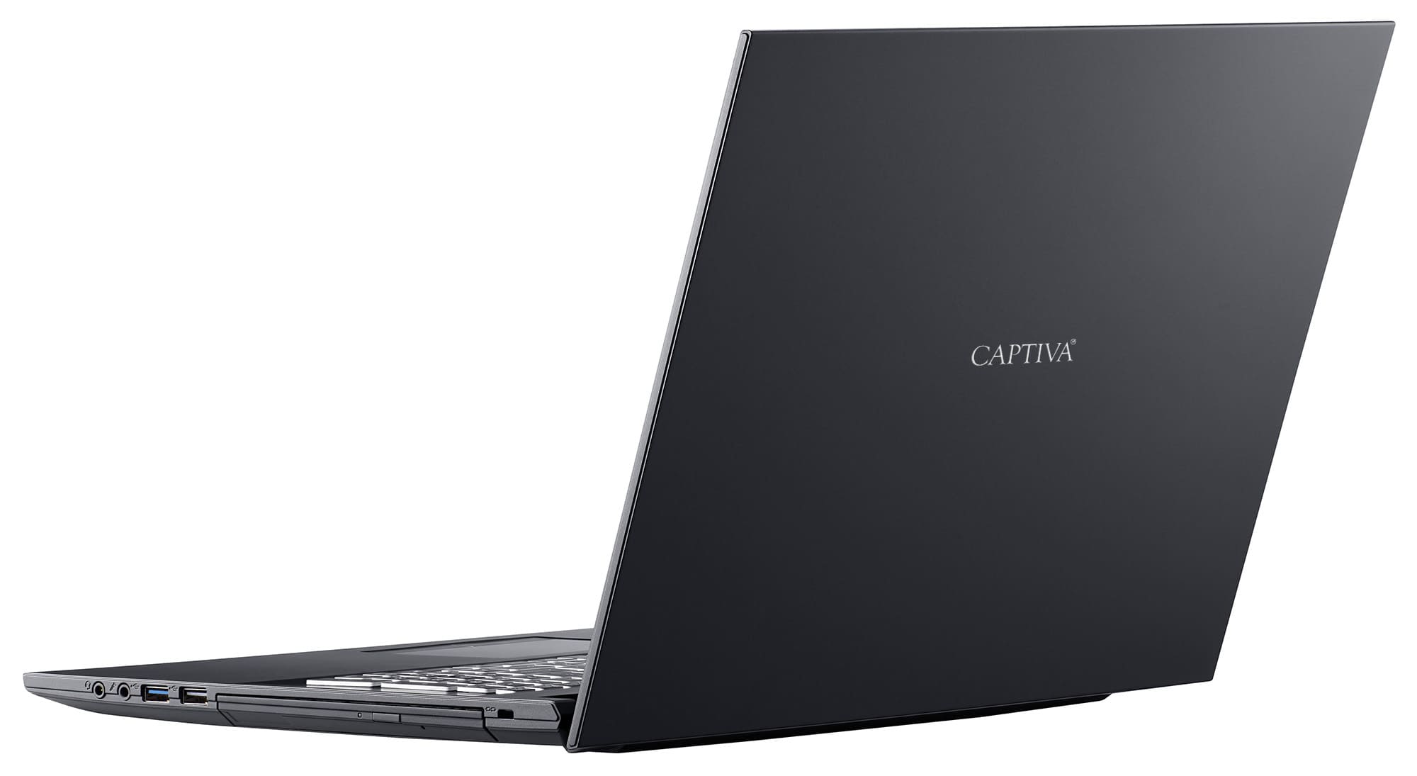 Czarny laptop z tyłu. Laptop jest zamknięty i wyświetla słowo 'CAPTIVA'.