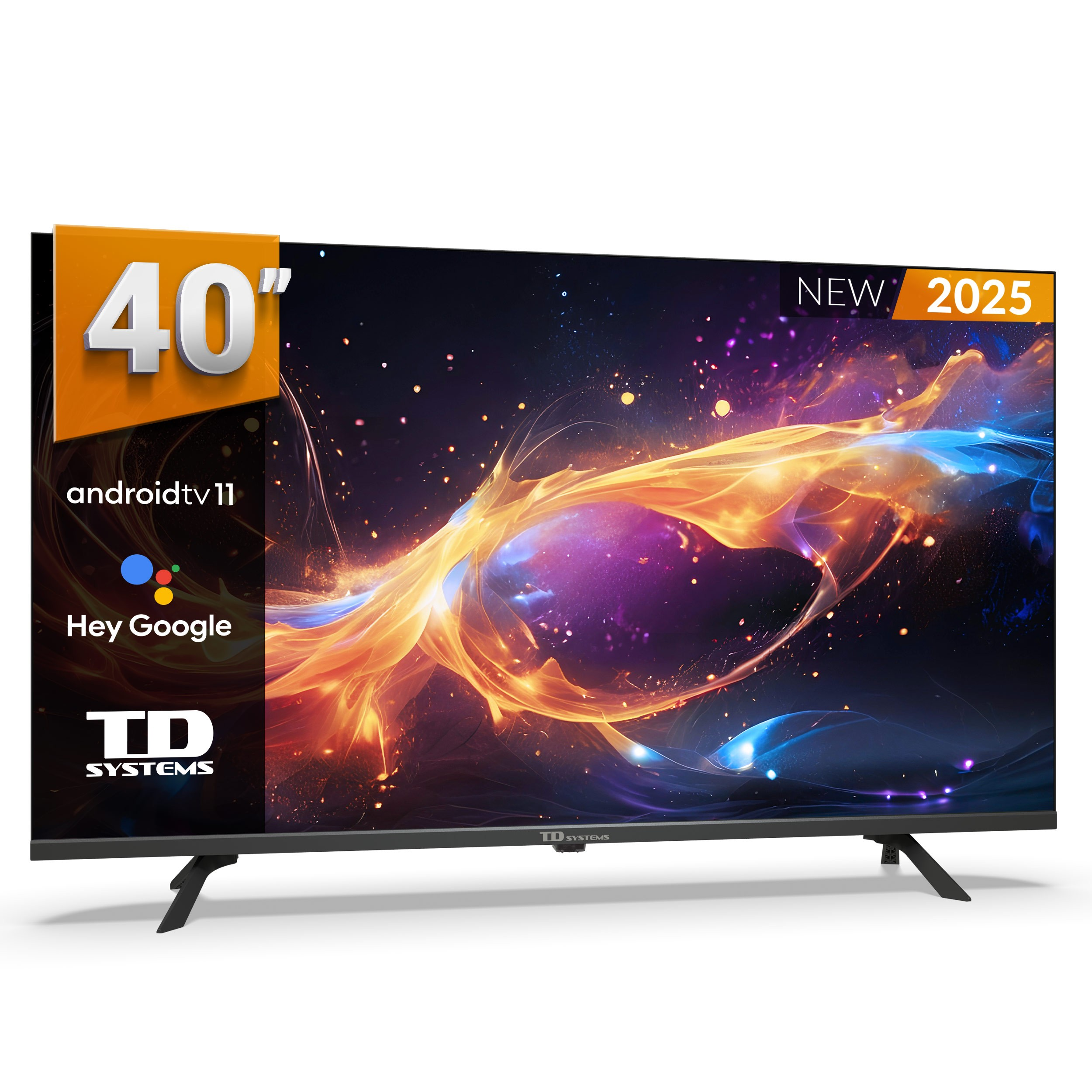 TV de 40" con arte abstracto colorido, con etiquetas 'NUEVO 2025' y androidtv11. Patas y marco negros.