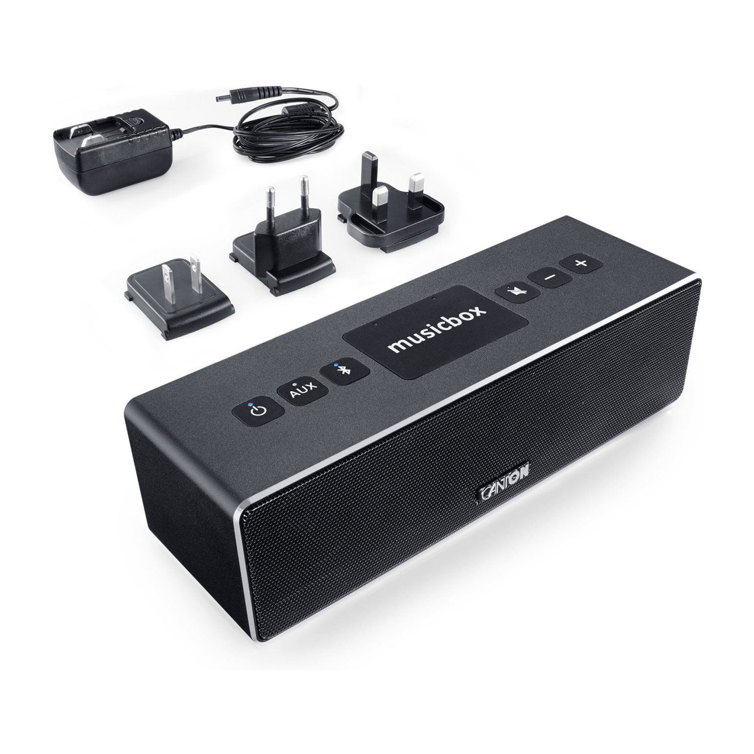 Schwarze Musikbox mit Netzadaptern. Enthält einen Lautsprecher und Bedientasten.