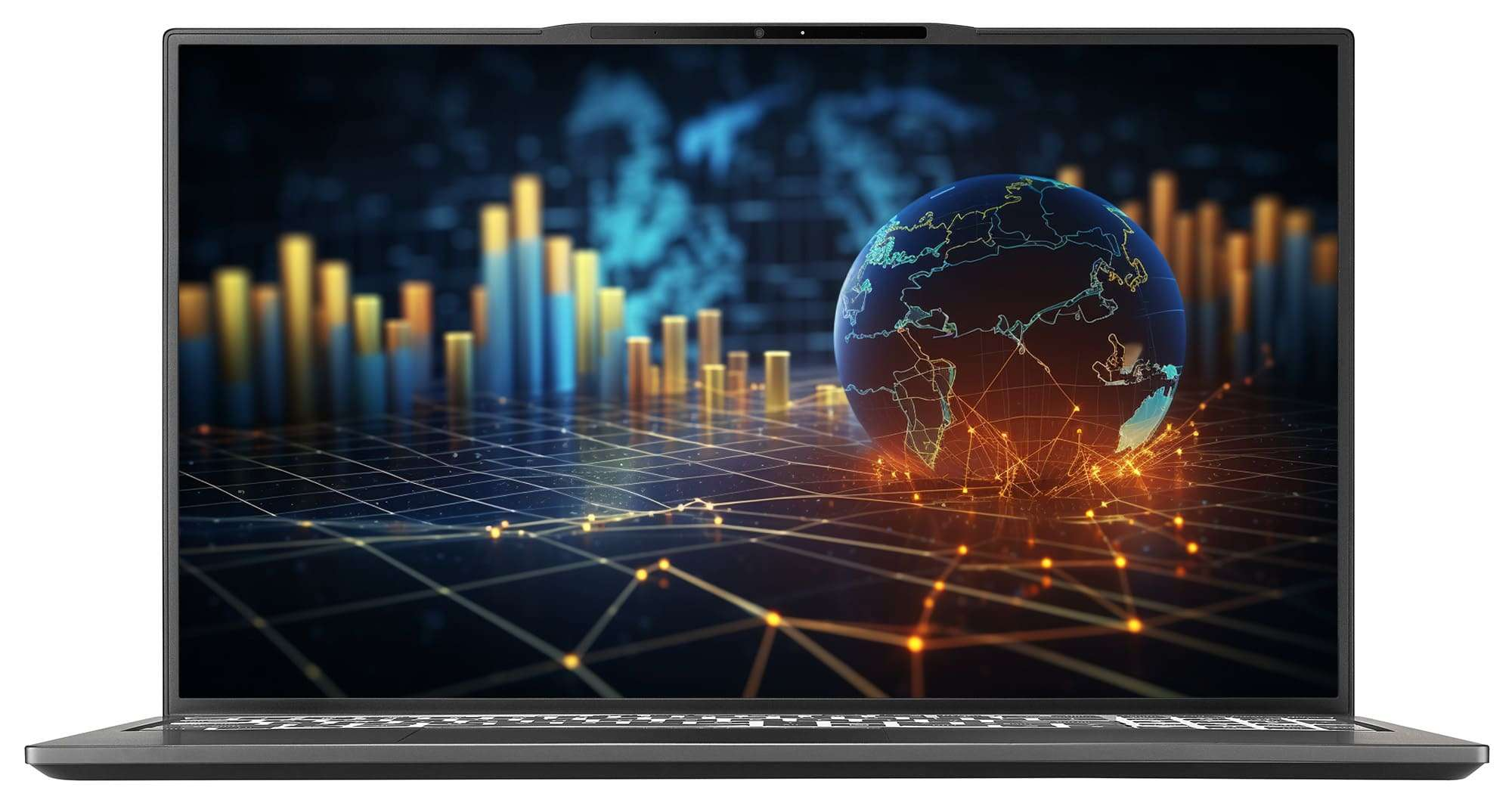 Un ordinateur portable affiche un écran avec un réseau mondial et des graphiques en barres. L'arrière-plan est sombre et technologique.