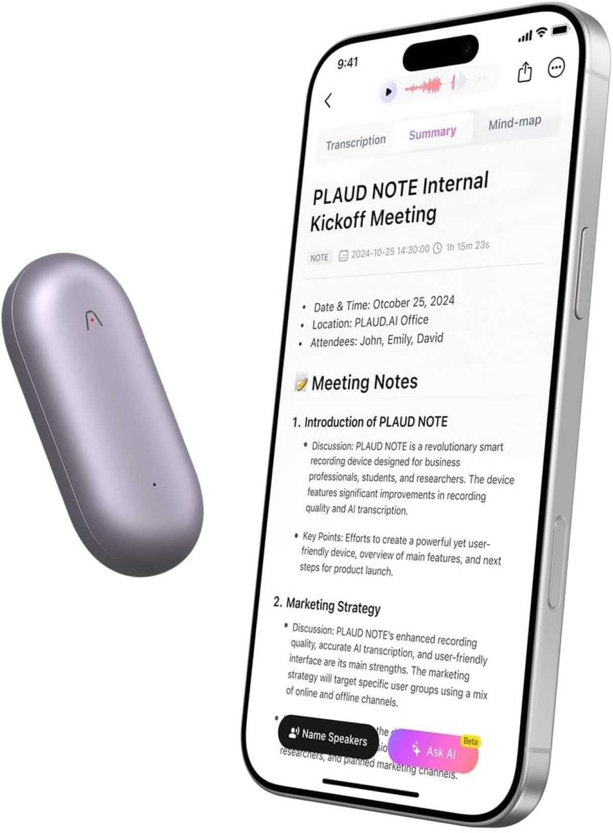 Smartfon i urządzenie nagrywające. Ekran wyświetla podsumowanie spotkania. Białe tło.