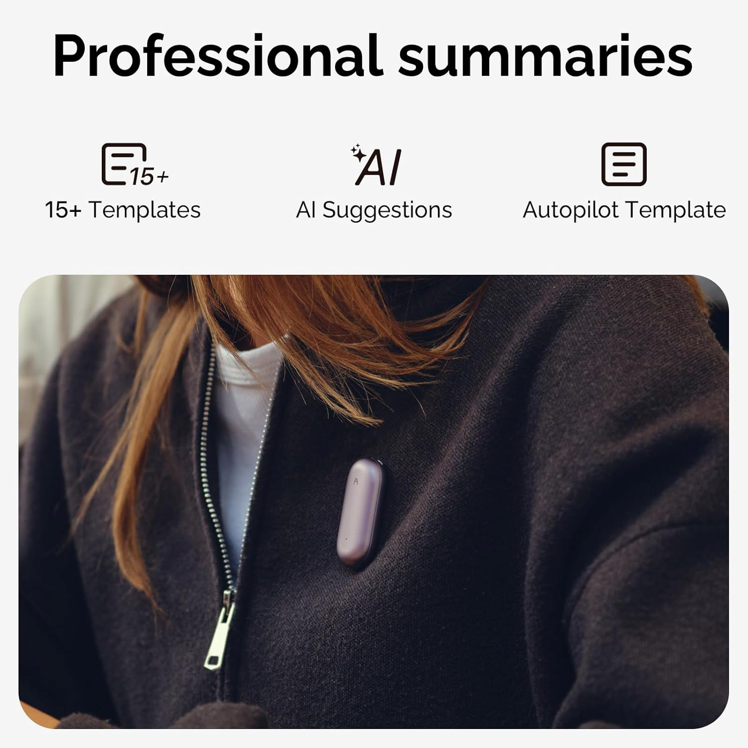 Osoba w ciemnej kurtce, do kurtki przymocowane jest małe urządzenie. Ikony podsumowań zawodowych powyżej.