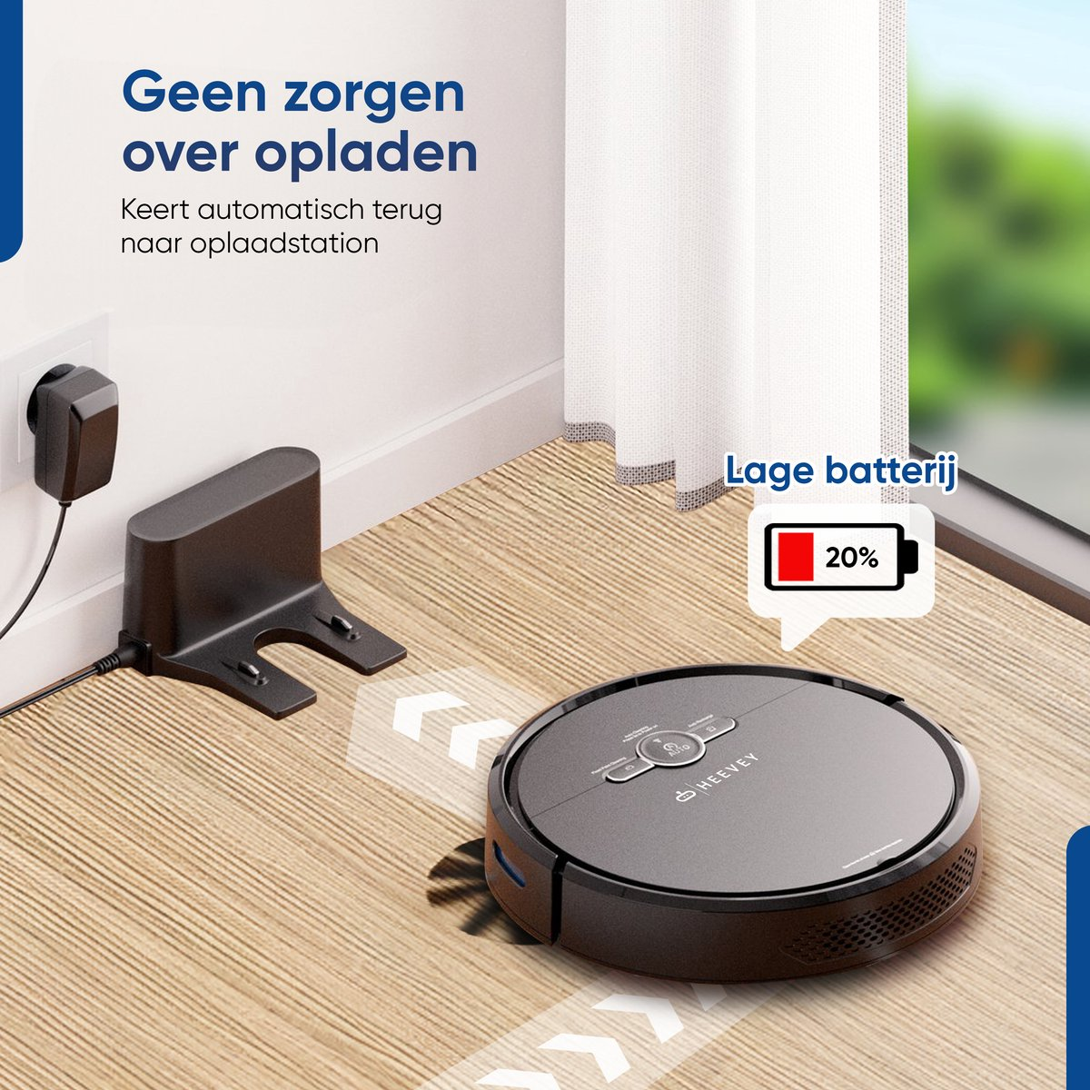 Un aspirateur robot noir sur un plancher en bois. Proche d'une station de charge. Batterie à 20%.