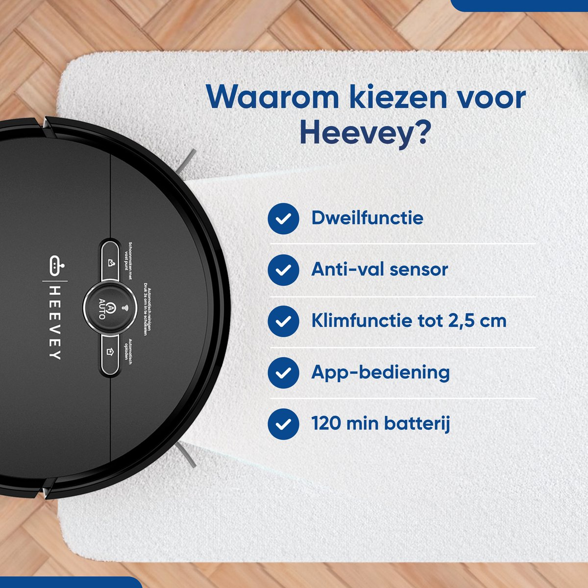 Un aspirateur robot sur un tapis, avec du texte sur ses caractéristiques : fonction de nettoyage, capteur anti-chute, contrôle par application et batterie.