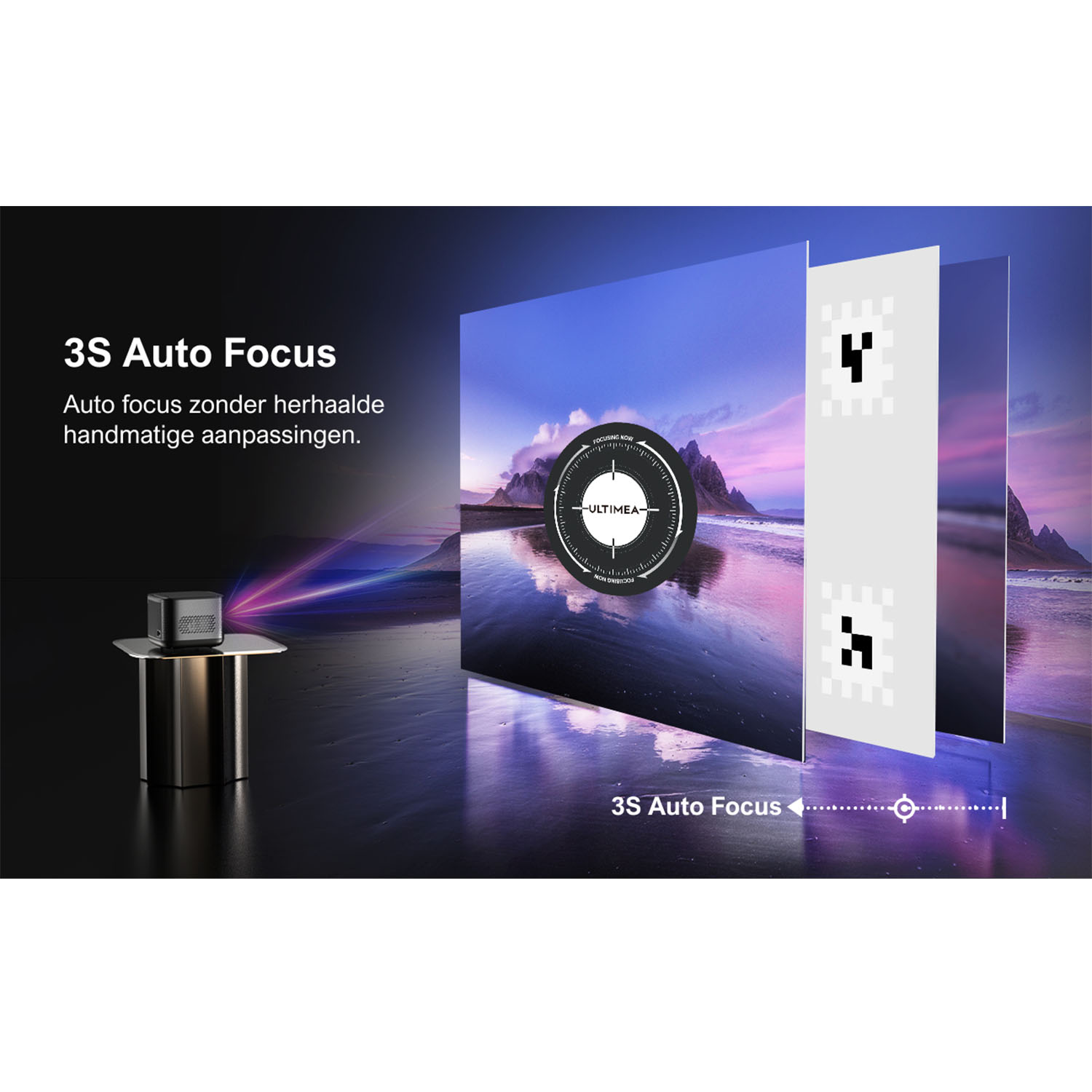 Small projector on a stand. It projects a scenic image onto a white surface.