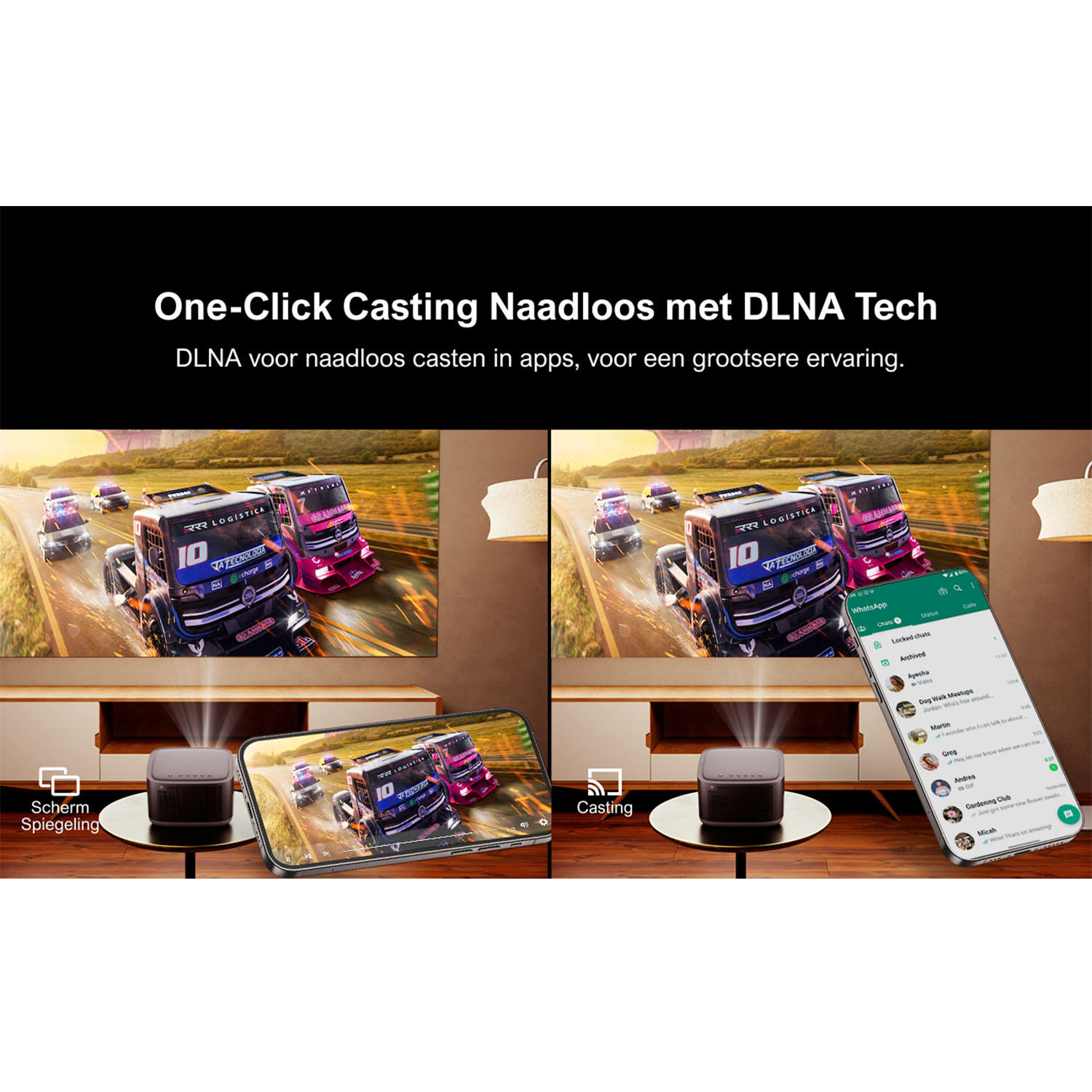 Deux écrans montrent un projecteur diffusant du contenu depuis un téléphone. Options de mirroring et de casting.