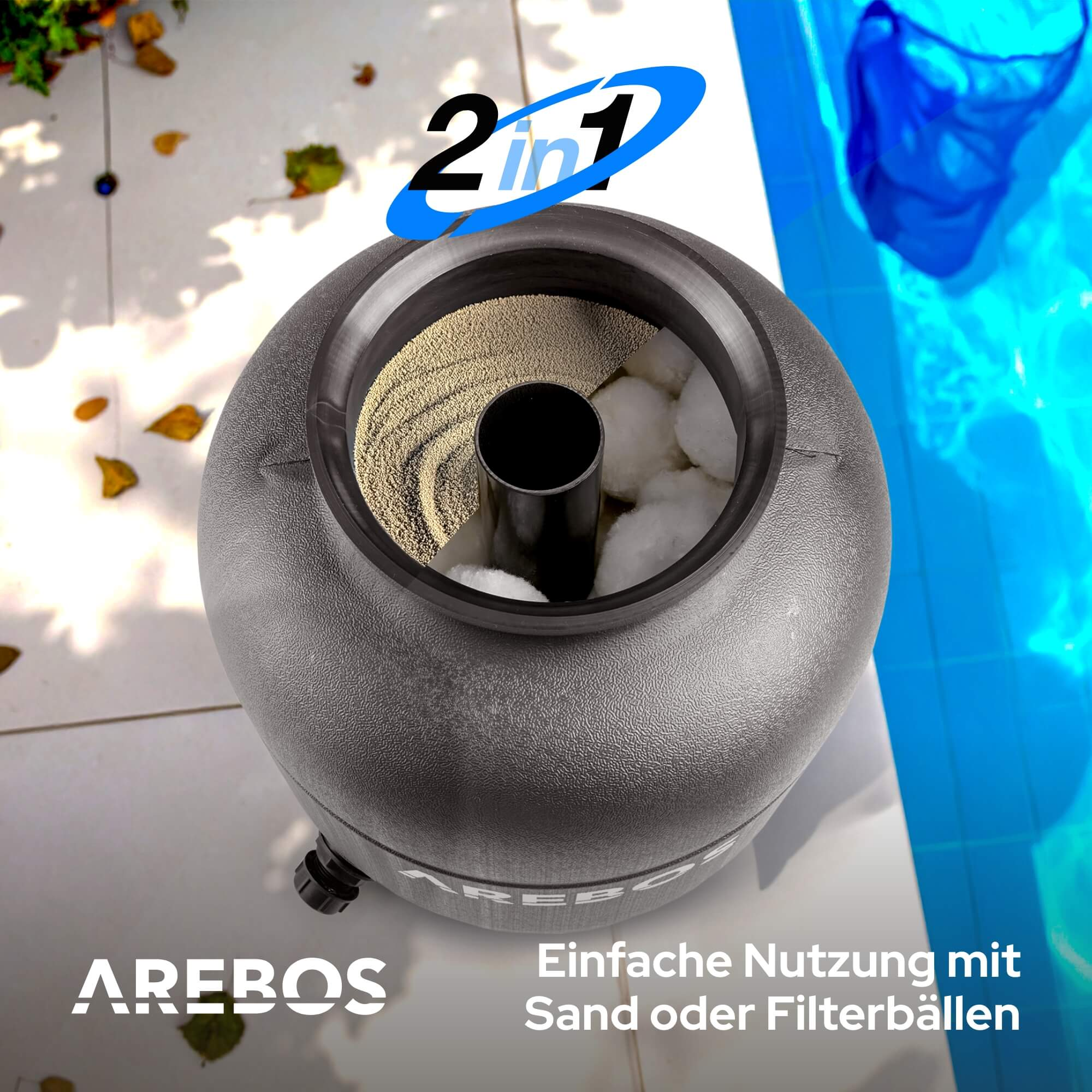Ein grauer Poolfilter mit Sand und Filterbällen im Inneren. Der Pool ist blau, und der Hintergrund ist eine weiße Wand.