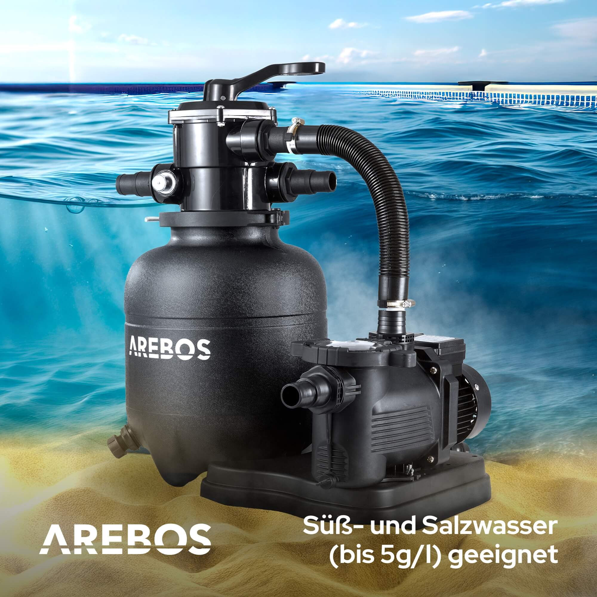 Schwarzes Poolfilter- und Pumpensystem, vor Wasser mit sandigem Boden.