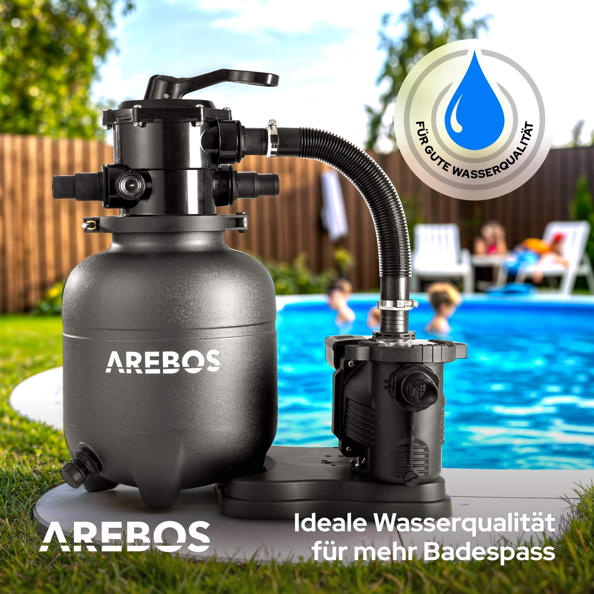 Schwarzes Poolfiltersystem neben einem Pool mit Menschen. Text: 'Gute Wasserqualität'.
