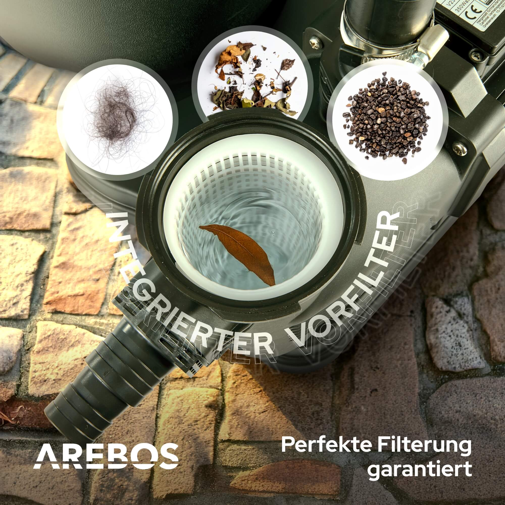 Nahaufnahme eines Poolfilters mit verschiedenen Ablagerungen und Text an der Seite.