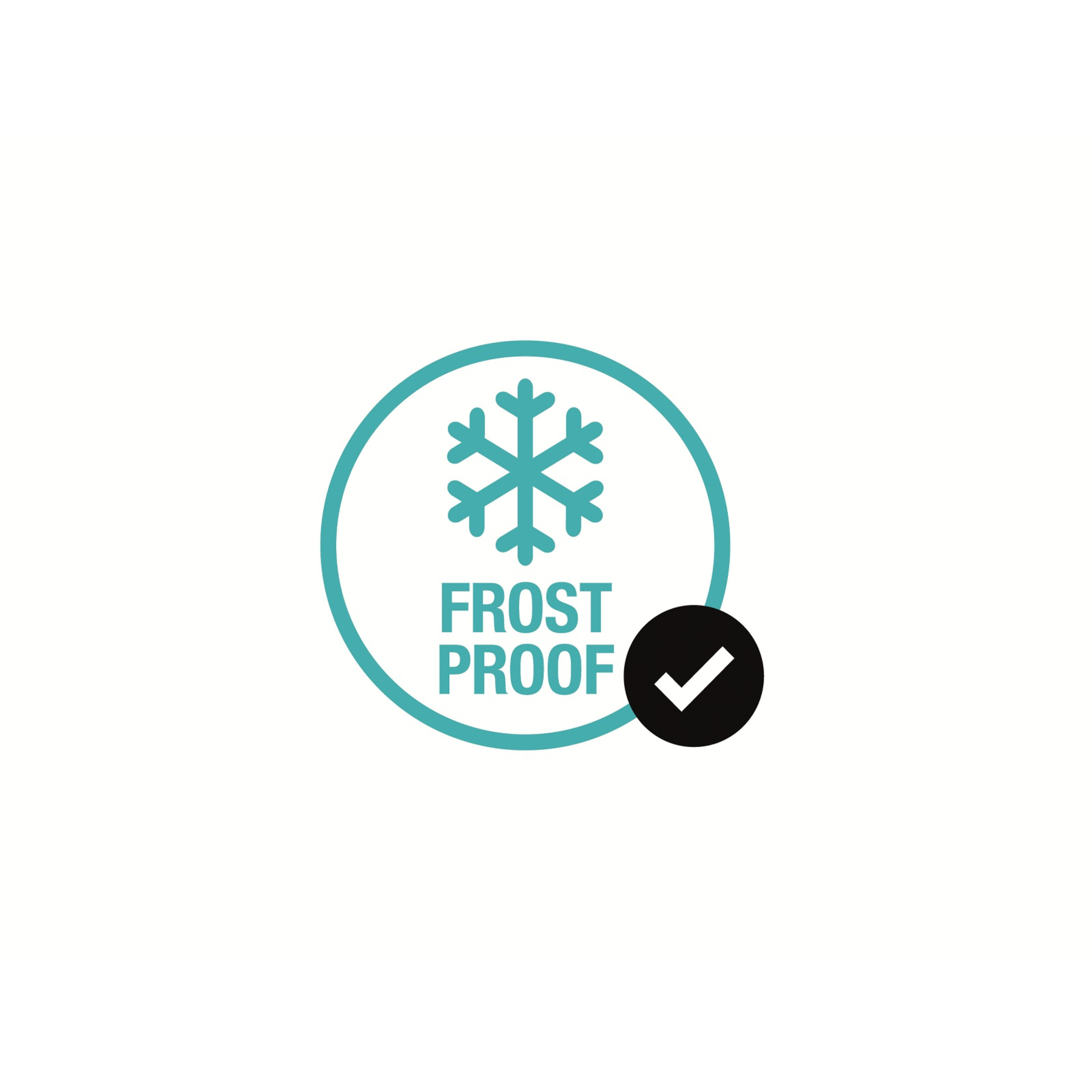 Logo a prova di gelo: un fiocco di neve in un cerchio turchese con un segno di spunta, sfondo bianco.