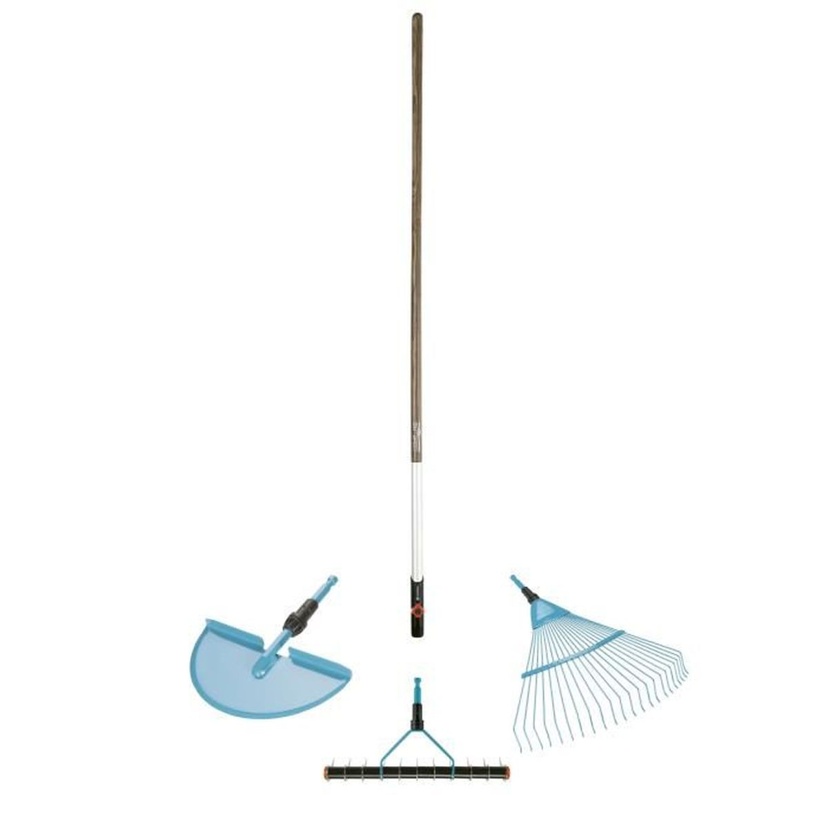 Rastrello da giardino e i suoi componenti. Il rastrello, una forma a mezzaluna e un rastrello a ventaglio più piccolo.