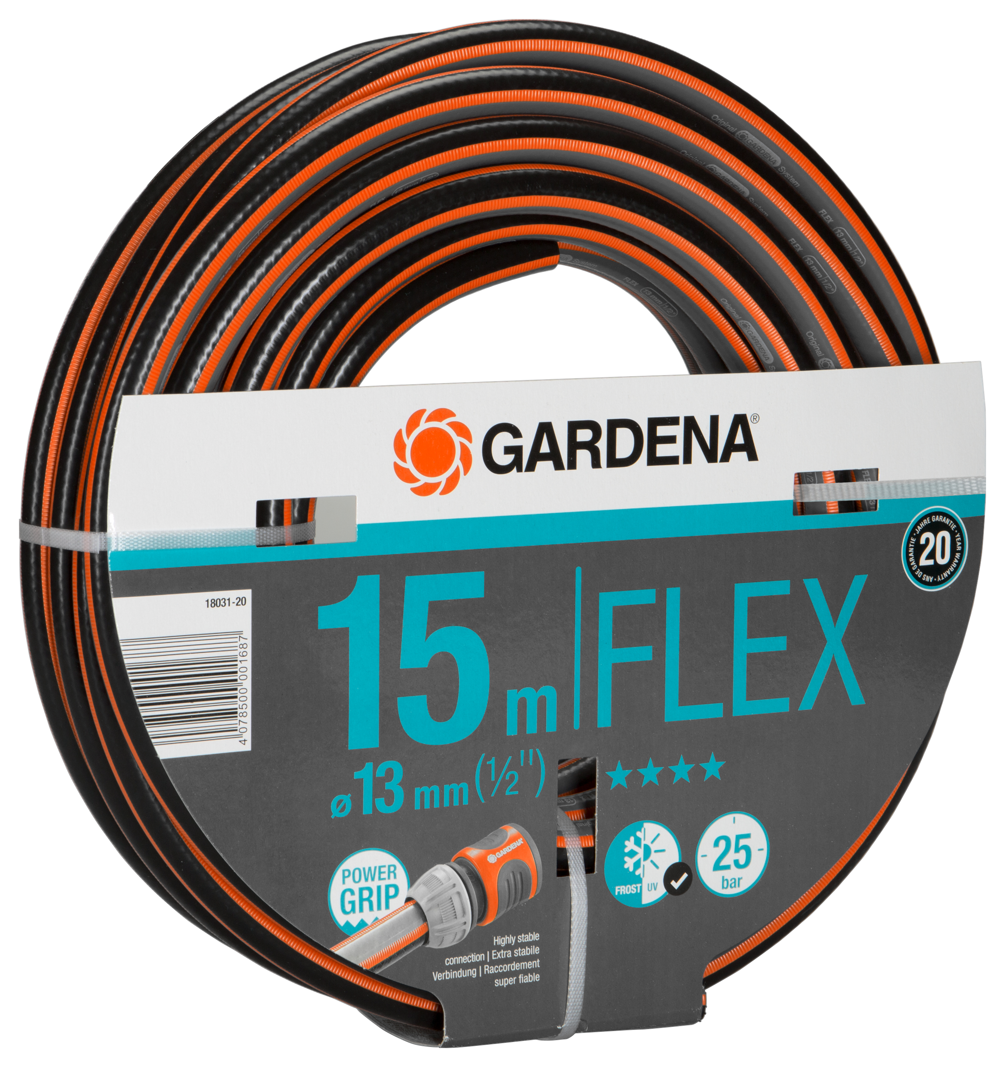 Ein aufgerollter schwarz-oranger Gartenschlauch mit Verpackungsdetails und Gardena-Logo.