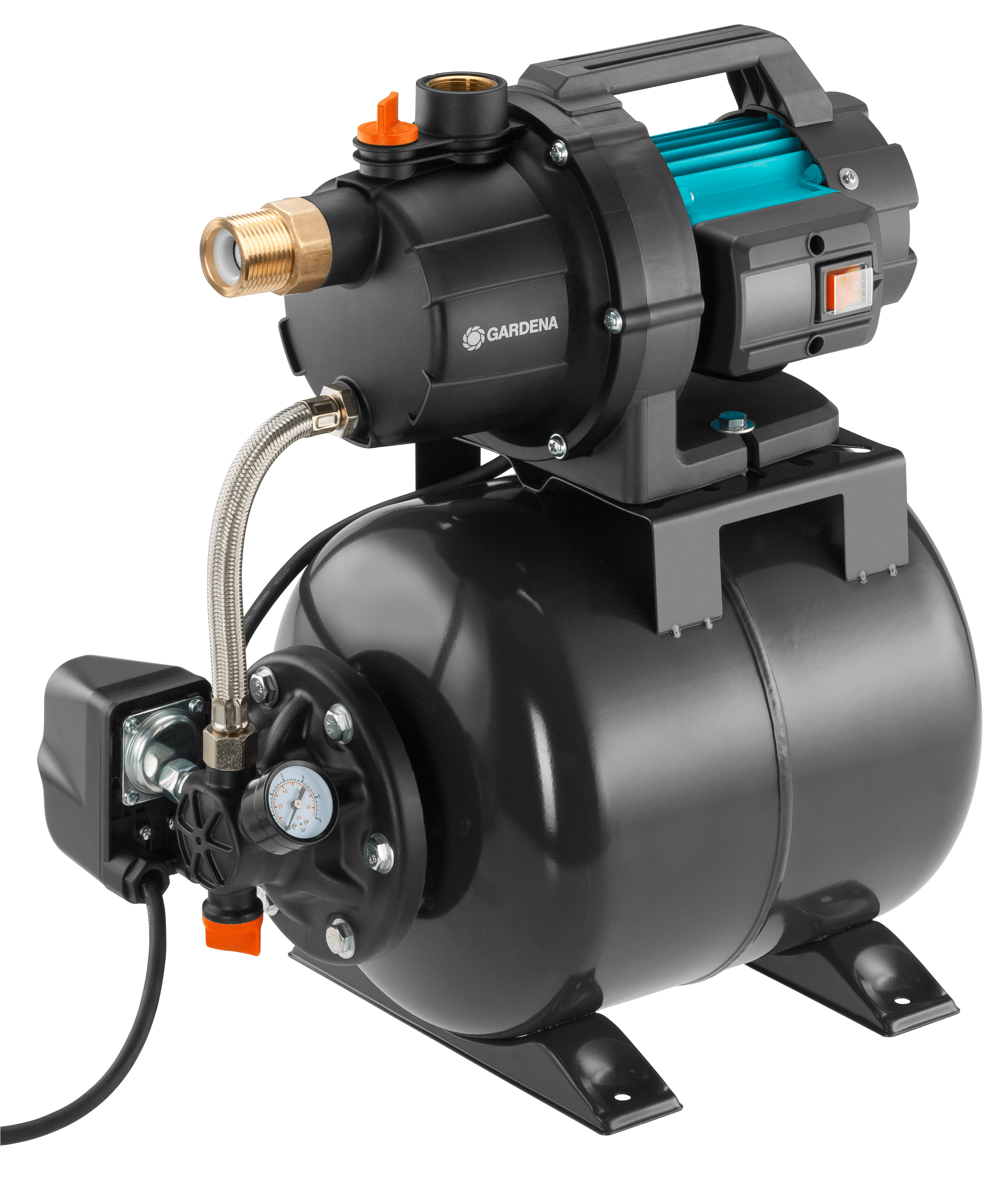 Eine schwarze und türkisfarbene Gardena Wasserpumpe mit Manometer und Griff auf weißem Hintergrund.