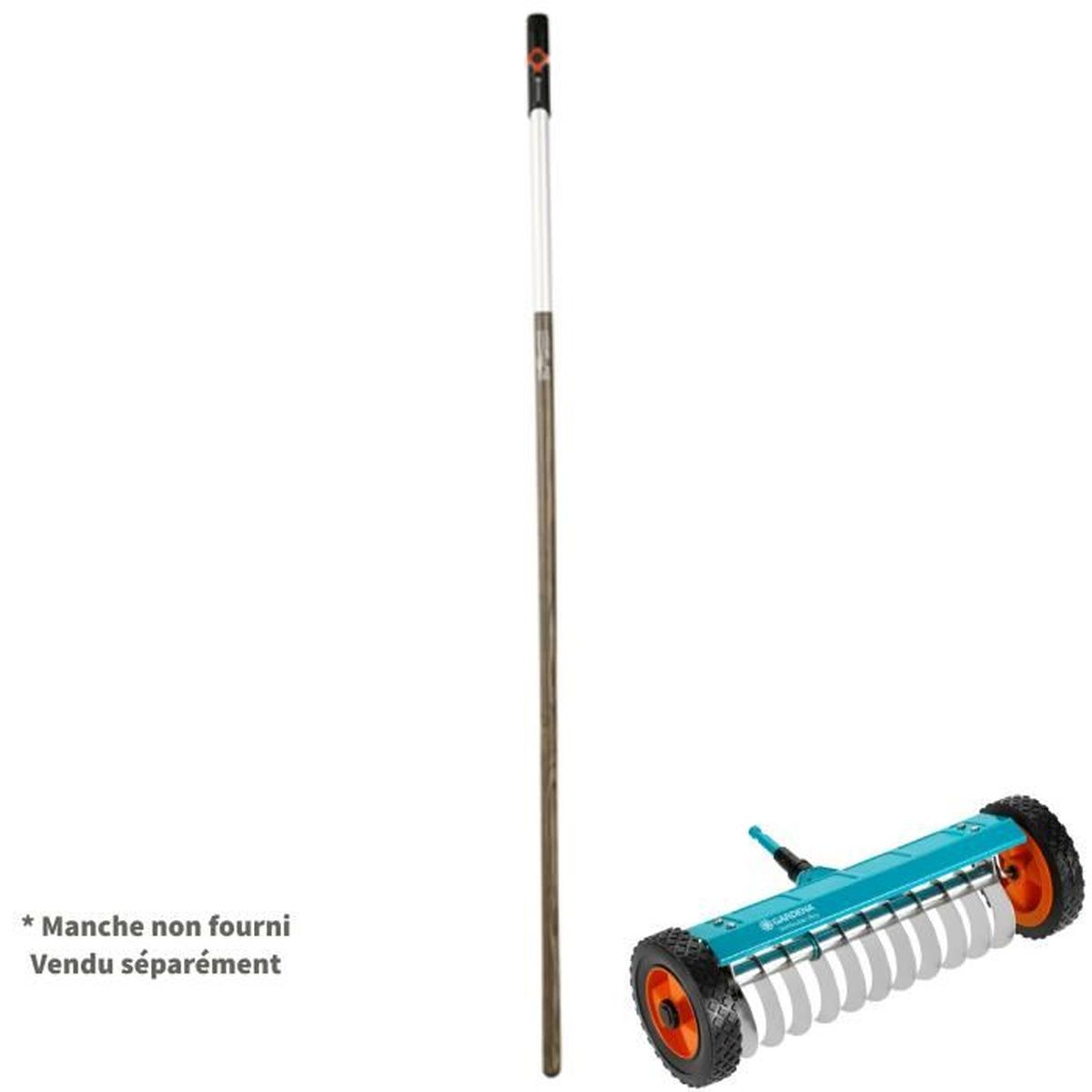 Lawn aerator and handle on a white background. The handle is tall and thin.