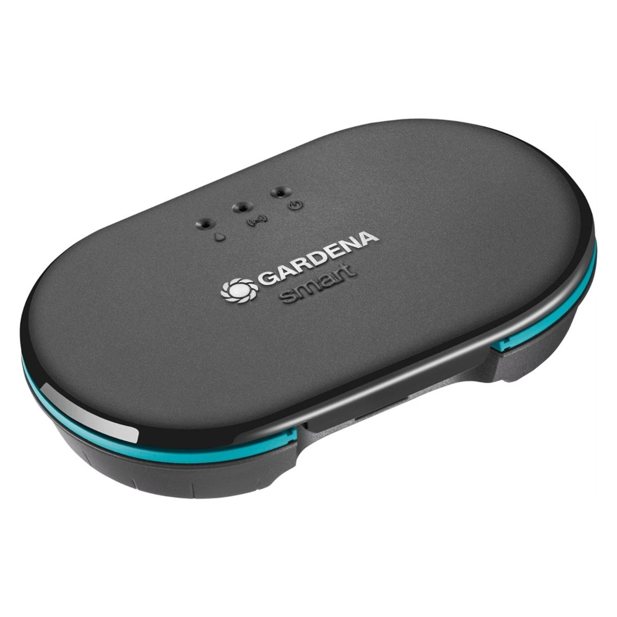 Schwarzes und graues GARDENA Smart-Gerät, ovale Form, mit drei Kontrollleuchten.